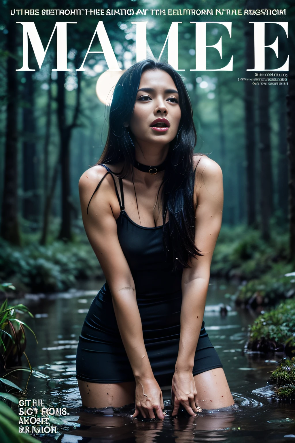 (magazine cover:1.2, attention-grabbing headline, stylish large font, Sensation), (Hyperrealistic photo, Ultra Detailed, Raw, tmasterpiece, Dynamic frame), Dark Forest, night time, The forest is illuminated by the moon because of the clouds, ominous red reflections in the distance. Dark ritual, when (A woman drowns in a bog). She is dressed in an ultra-short tight dress with thin straps and stockings with garters. A spiked collar grips her neck tightly. Tatoo. redness of a sweaty face. She has medium-length hair, The face expresses a mixture of despair and intense ecstasy. The woman is desperately trying to reach the surface, but the mud is pulling her down, And she knows, that her last moments are near. Woman struggling to get out, but the bog takes her down into its dark embrace, And she is, finally, abandons his struggle.