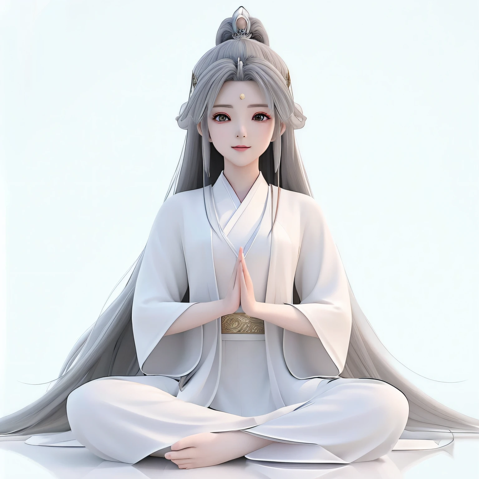 Anime-style image,Woman in white kimono sitting in lotus pose, flowing hair and long robes, white-haired god, Has white hair, Anime rapunzel girl, Anime style 3D, realistic anime 3D style, Baiji haircut hairstyle, The character is in a natural pose, Has gray hair, palace , A girl in Hanfu