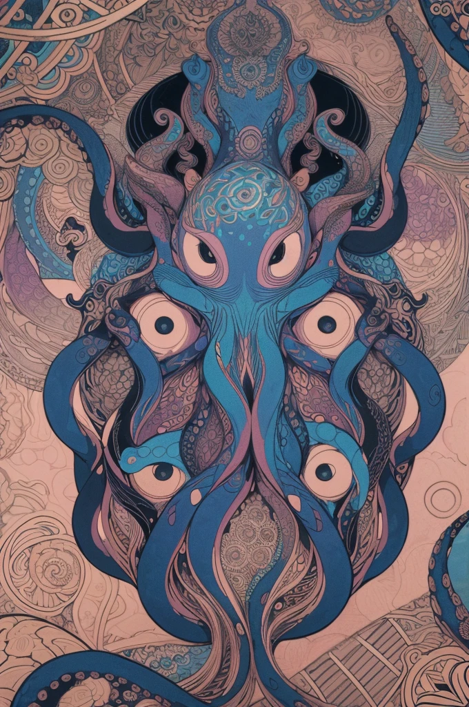 official art, unity 8k wallpaper, detailed, beautiful and aesthetic, masterpiece, best quality, (top view), (zentangle, mandala, tangle, entangle), ((geometric of creature octopus), color, minimal backround