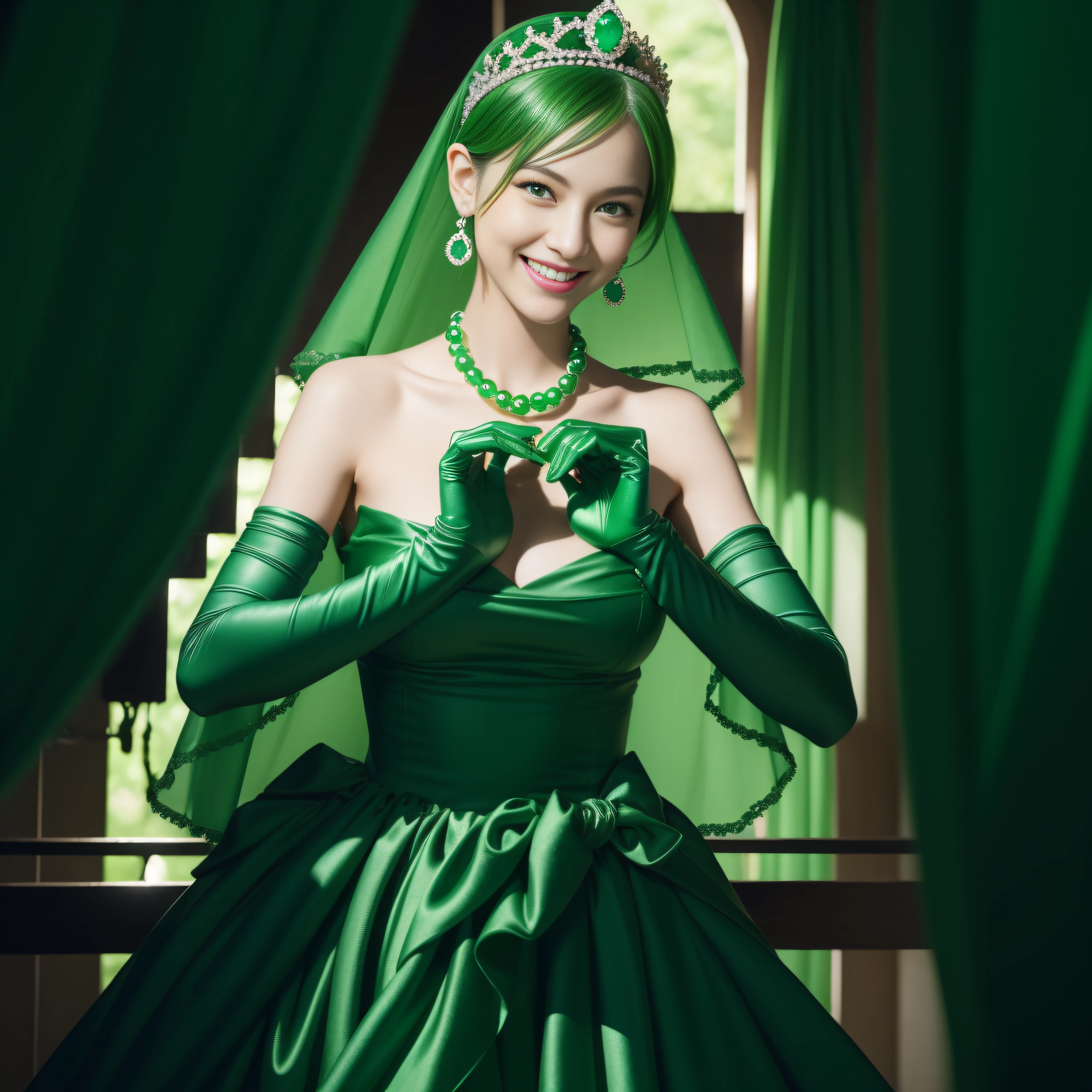emerald tiara, Green Pearl Necklace, Boyish very short green hair, lipsticks, Japan woman smiling, very short short hair, big breasts beautiful, Green eyes, Long green gloves made of satin material, Green eyes, Emerald Earrings