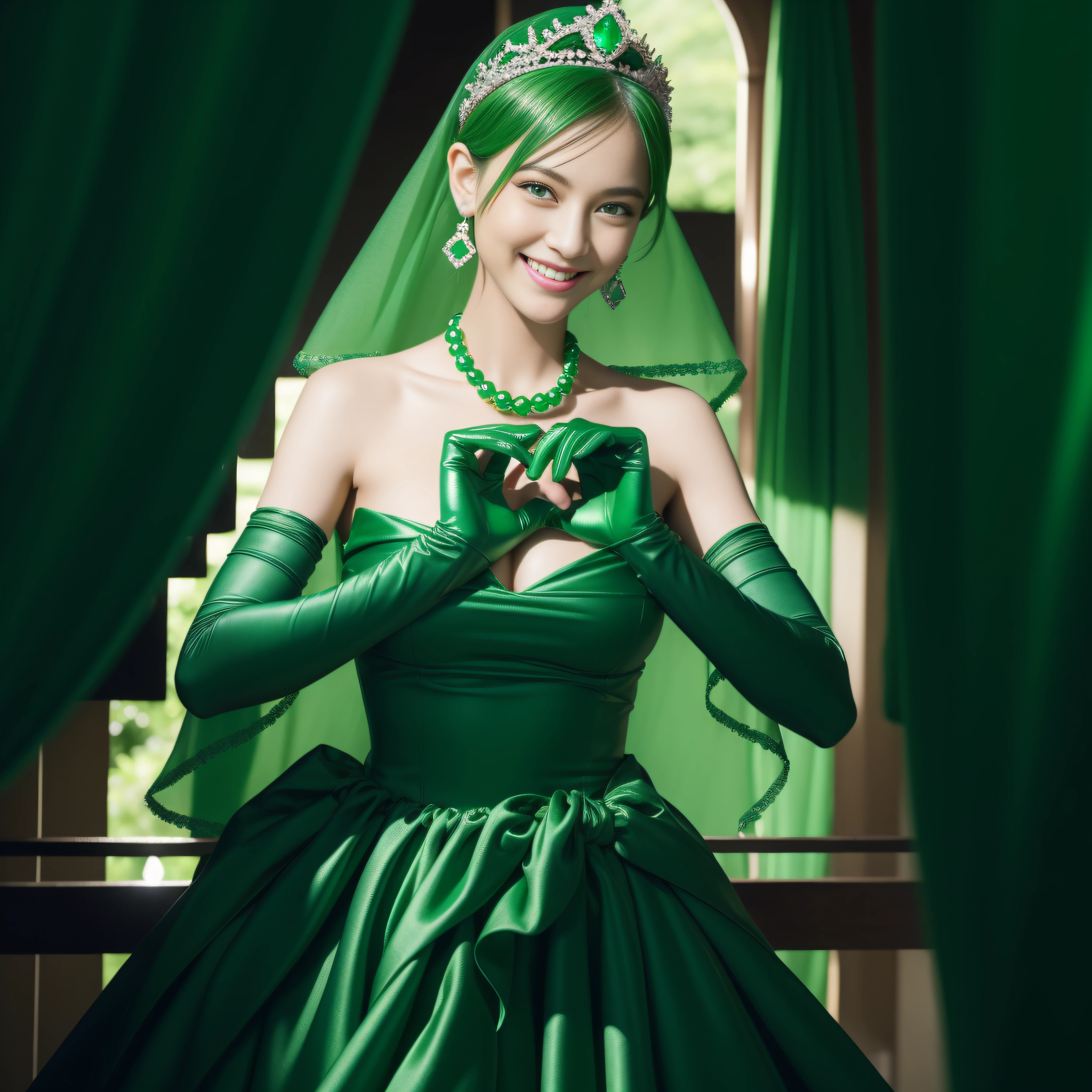 emerald tiara, Green Pearl Necklace, Boyish very short green hair, lipsticks, Japan woman smiling, very short short hair, big breasts beautiful, Green eyes, Long green gloves made of satin material, Green eyes, Emerald Earrings