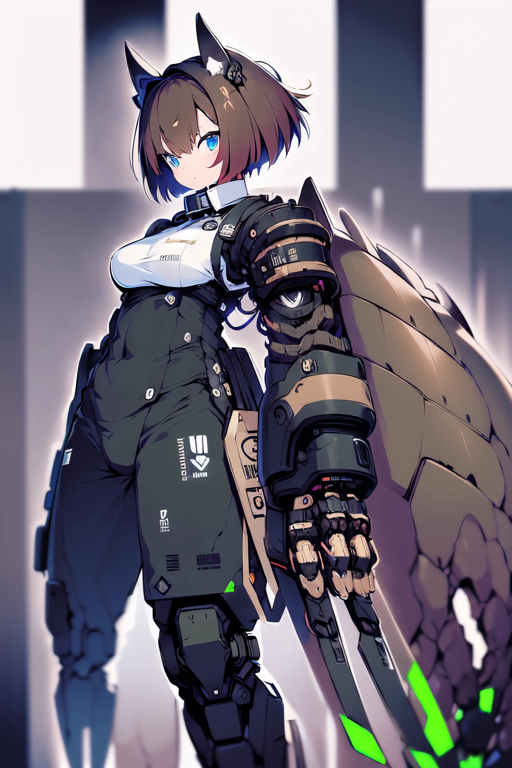 Masterpiece, intricate, anime style, full body, 1girl, rakkun, racoon girl, racoon ears, 1tail, fluffy tail, racoon tail, brown and light brown ringed tail, red and blue eyes blurred, cyber eyes, short hair, red inner hair, brown hair, a strand of hair on the left side, red hair strips, cybernetic body, mecha arms, mecha legs, mechanical arms, mechanical legs, short black shirt uncovered on the shoulders and with a black mesh with black borders up to the collar, polo shirt, short black skitr whit dark red checkered, black belt around the waist, looking at viewer, best quality, 4k,highres, professional art, professional drawing, professional lineart, outlined markers