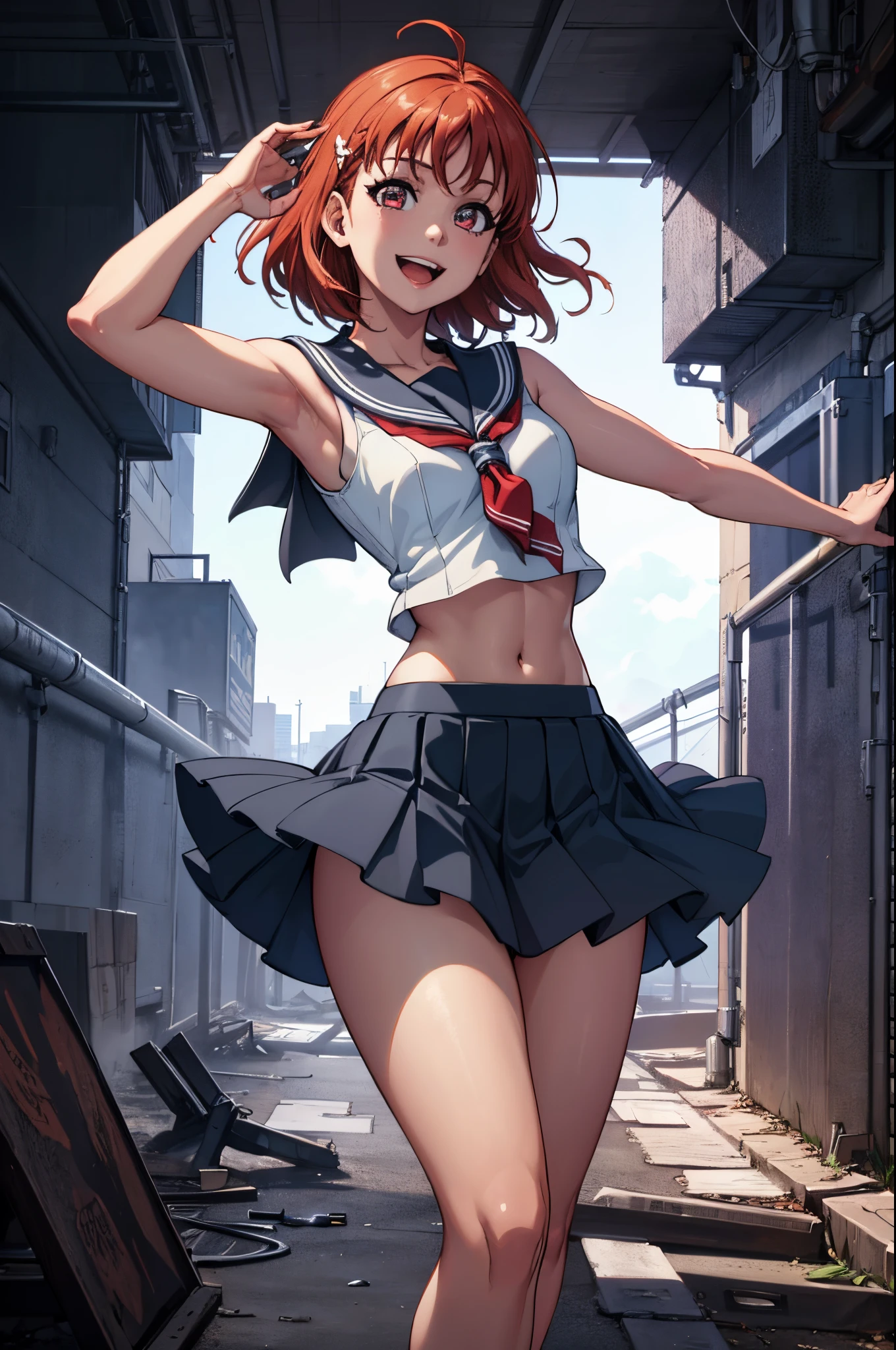 (best quality,4k,8k,highres,masterpiece:1.2), ultra-detailed, takami chika, sailor top, school skirt, midriff, energetic pose, slightly excited and smile, sleeveless, thighs, cowboy shot