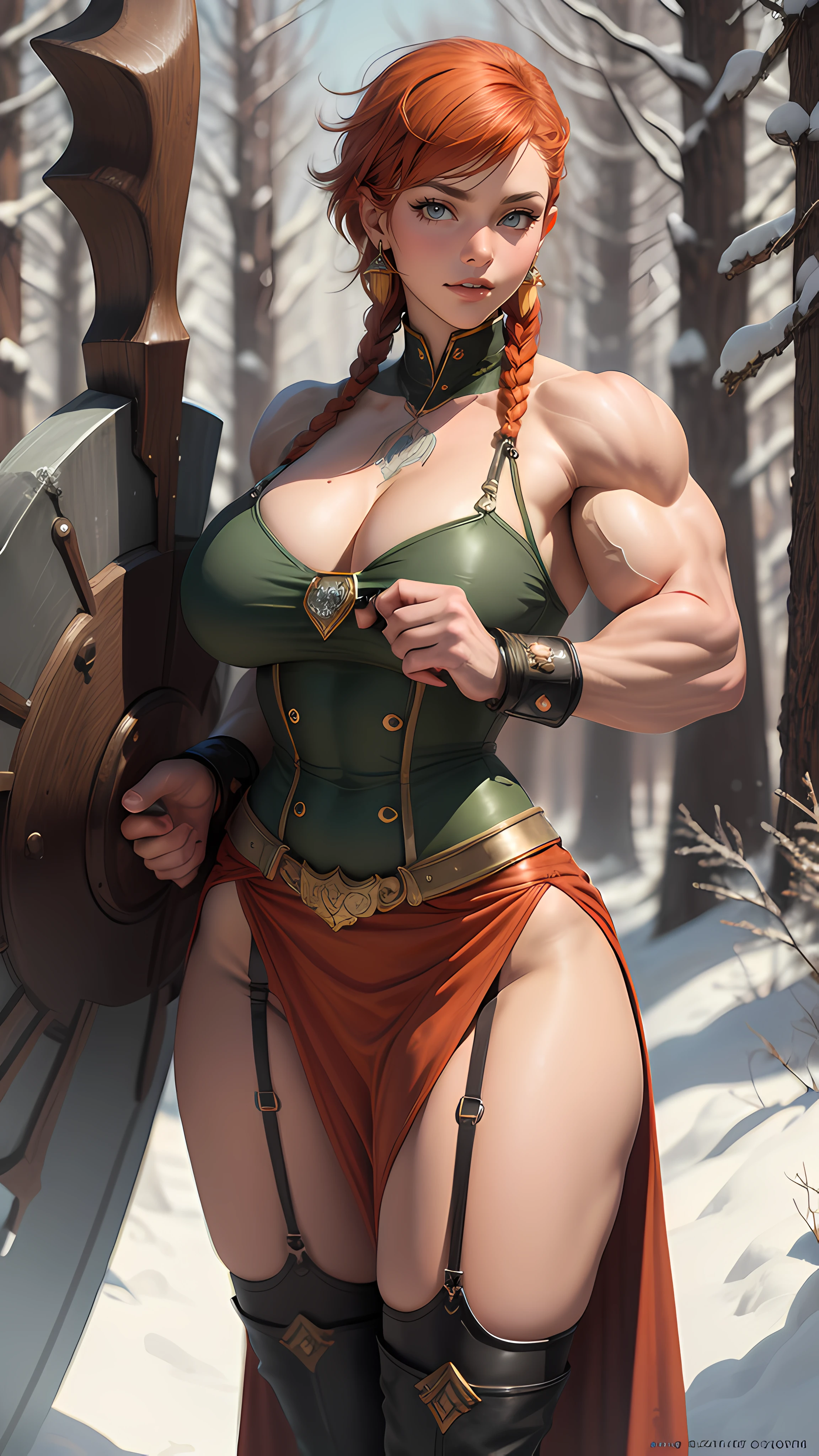 gwen tennyson,tracer,bulma,rebecca chambers,1girl,close up,face paint, valkyrie armor,gold neck jewelry,body tattoos,short hair,long dress,wolf fur, ceremonial cape,viking corset,tight skirt,snow forest,gold,amulets,norse piercings and tattoos,norse culture,green eyes,orange hair,shy smile,freckles,redhead,beautiful girl,large breasts,thigh high boots,ultra detailed,realistic,fantasy art,holding an axe,garter belt,braided hair, ((((huge muscles))))