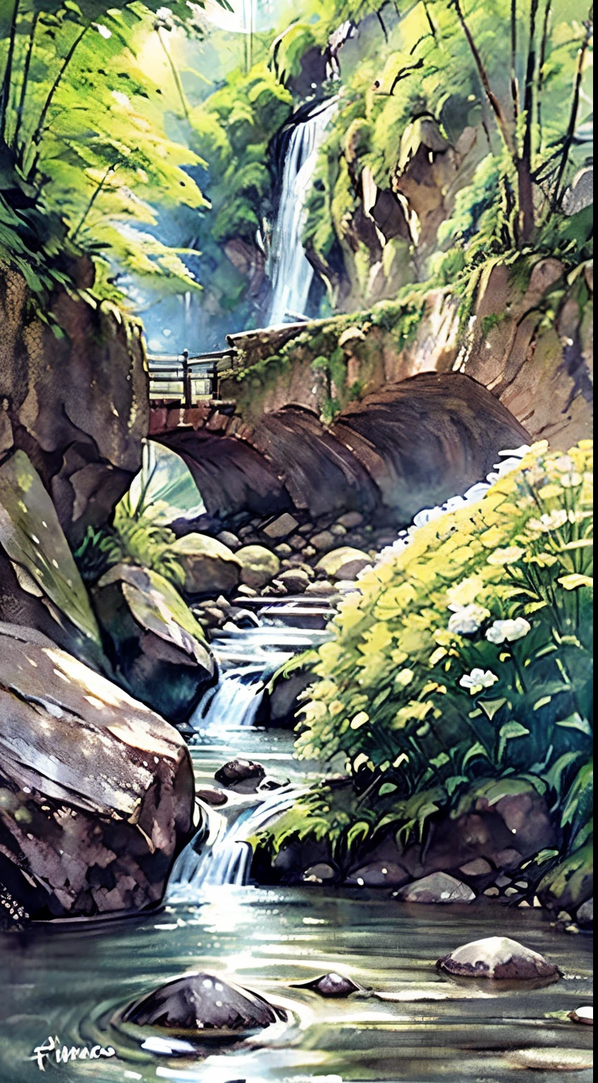 4k, June scenery, mountain, waterfall, river, bamboo grass, hydrangea, Ink painting