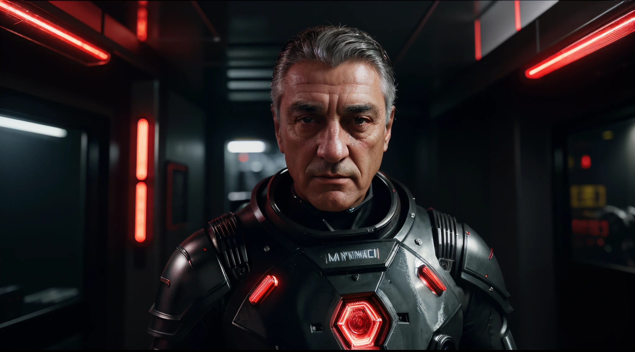 Cinematic Ultra Realistic 8k Centered, Homem [Roberto de Niro], In a shiny black mechanical android suit with red accents and lights with intricate cybernetic implants, indoor scenery illuminated with red neon lights, bem iluminado, Cyberpunk, Foto premiada, Bokeh, red neon lights, cybernetic limb