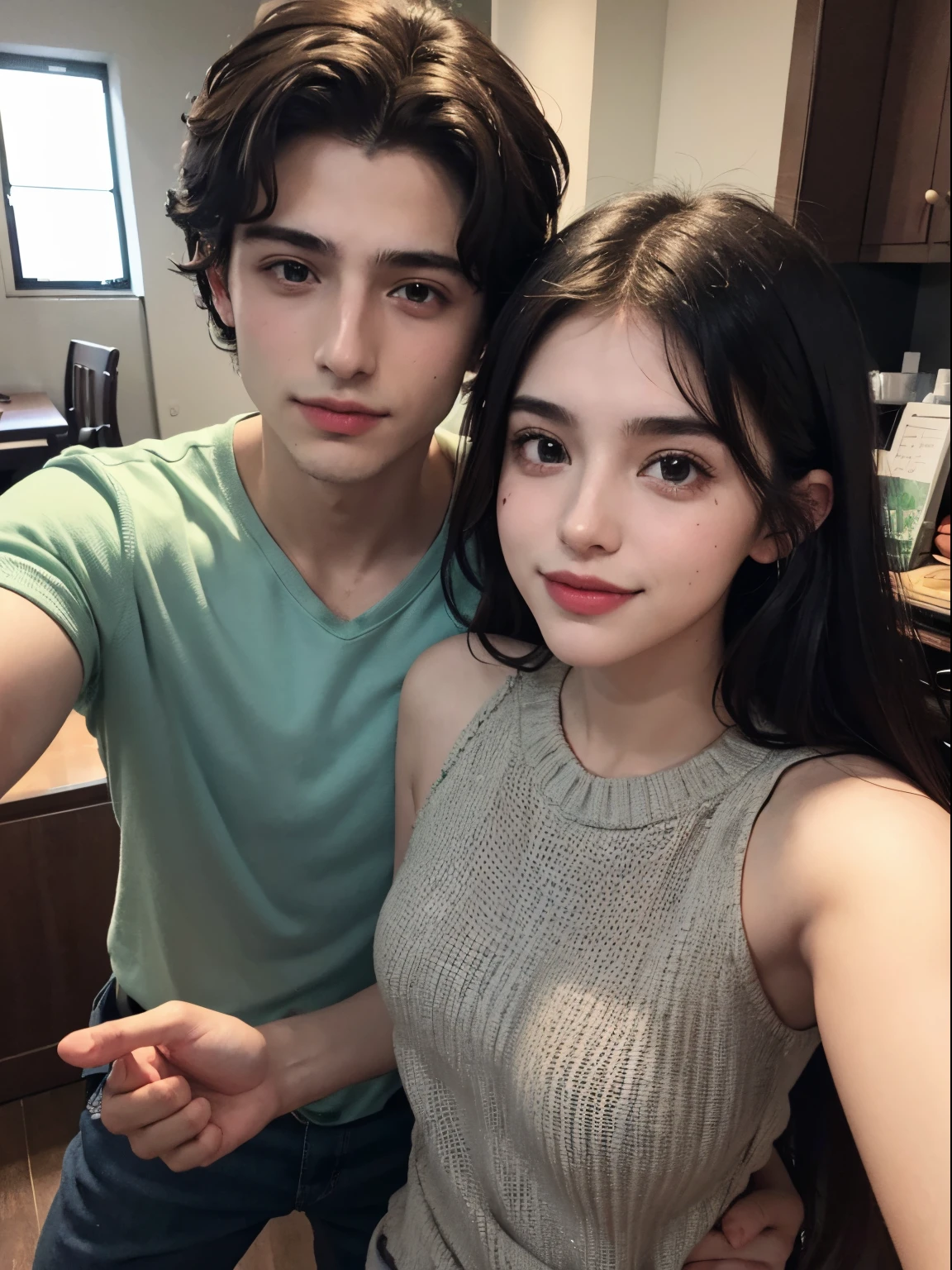 Un chico y una chica abrazados. Sonriendo, 20 year, un chico de cabello negro y corto ondulado junto a una chica de cabello verde oscuro largo. inspirado por John Luke, Timothee Chalamet, joven arafed, la chica Parece una mezcla de grimes. Dos personas, felices. Foto casual, foto de pareja, guapos, rostros perfectos. Barbara Palbin and Jacob Elordi abrazados, foto tipo selfie.