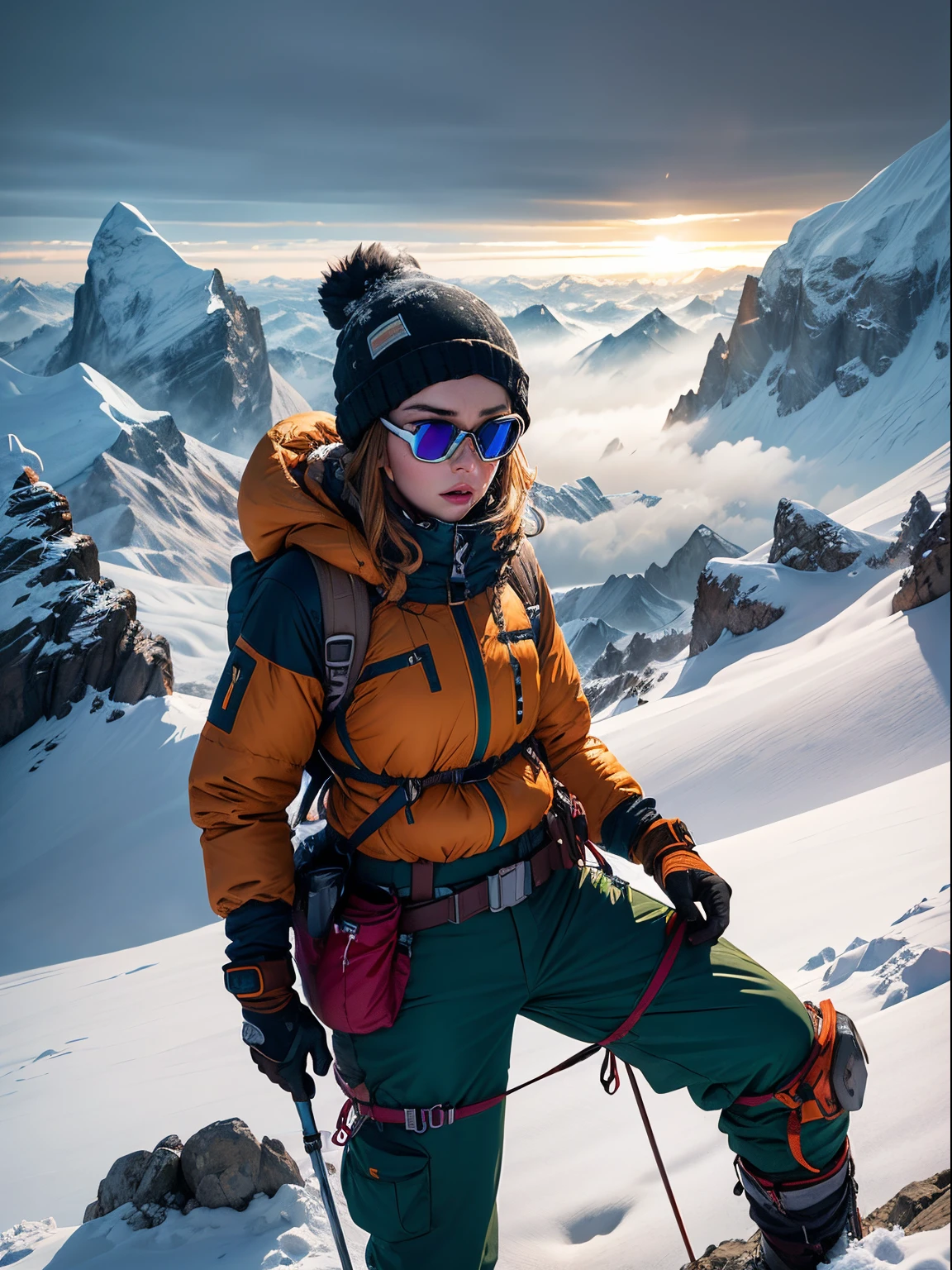 Jodie Comer wearing snow goggles, scrambling up a very exposed ridge in the Himalayas, arduous climb, barren mountainside, misty, storm clouds, knee deep snow, dramatic lighting, lens flare, blue shadows, spindrift, wearing orange padded goretex jacket, bulky waterproof trousers, snow goggles, beanie, gaiters and Grivel crampons, rucksack, ice axe, rope attached to belt, lines of prayer flags in distance