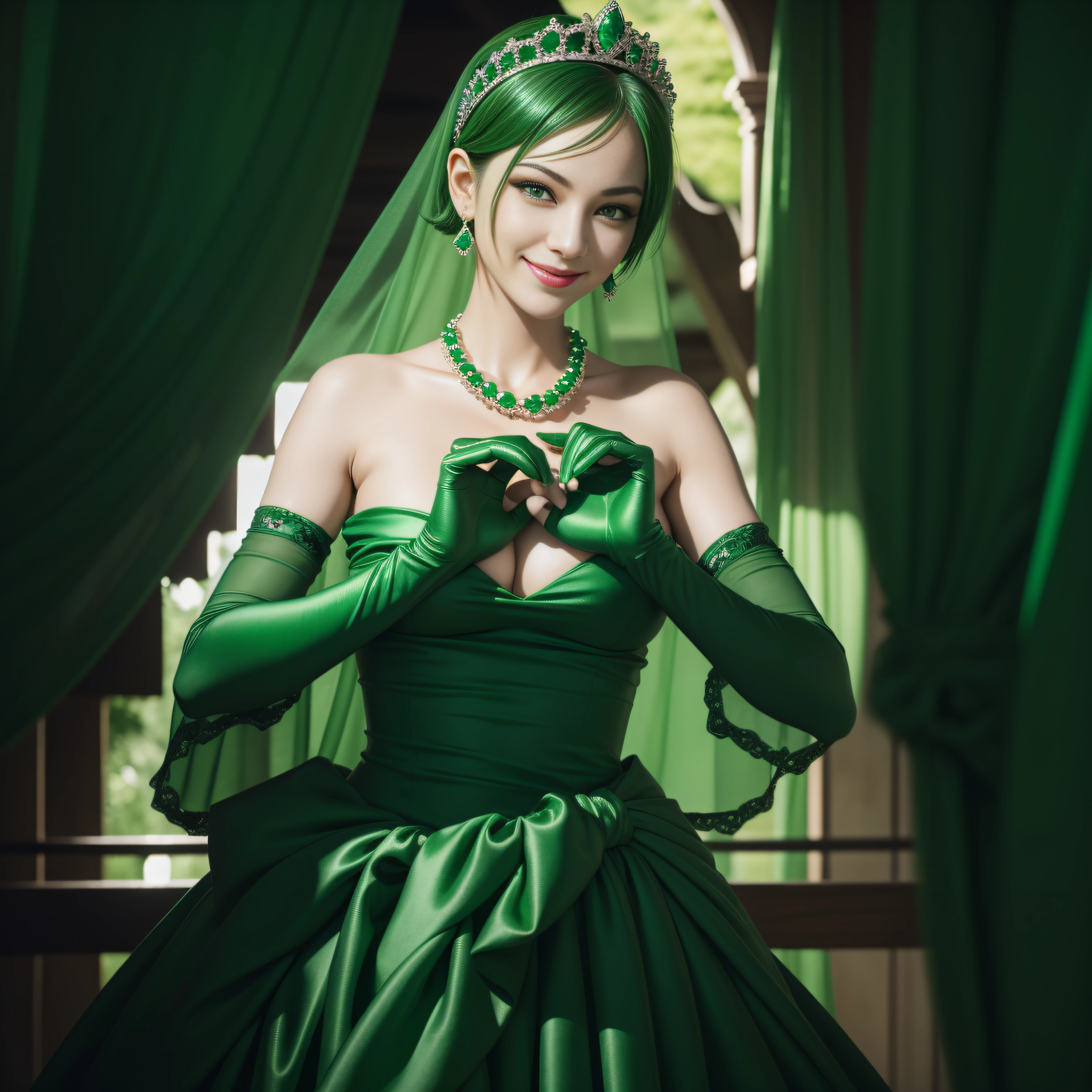 emerald tiara, Green Pearl Necklace, Boyish very short green hair, lipsticks, Japan woman smiling, very short short hair, big breasts beautiful, Green eyes, Long green gloves made of satin material, Green eyes, Emerald Earrings