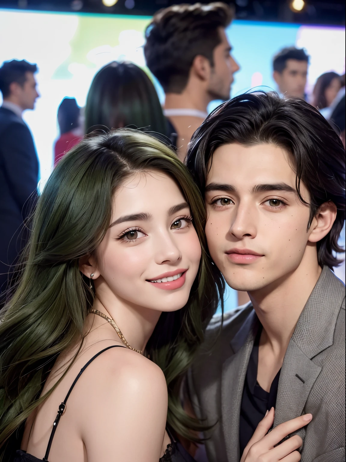 Un chico y una chica abrazados. Sonriendo, 20 year, un chico de cabello negro y corto ondulado junto a una chica de cabello verde oscuro largo. inspirado por John Luke, Timothee Chalamet, joven arafed, la chica Parece una mezcla de grimes. Dos personas, felices. Foto casual, foto de pareja, guapos, rostros perfectos. Barbara Palbin and Jacob Elordi abrazados, foto tipo selfie.