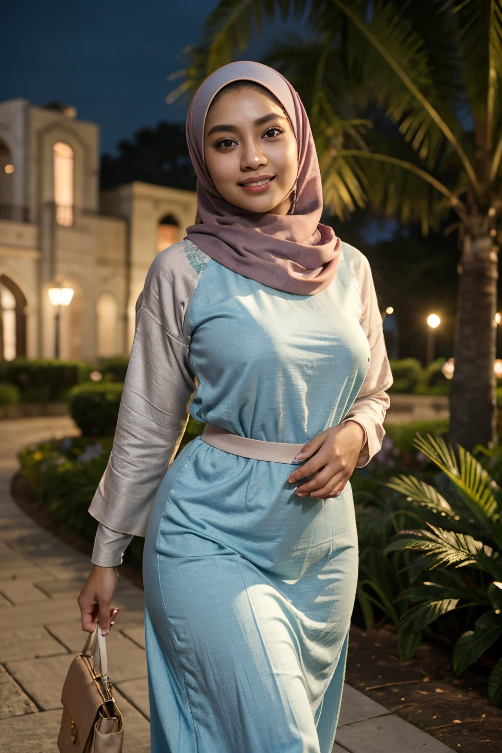 RAW, Best quality, high resolution, Masterpiece: 1.3), 1 gorgeous slim face Malay woman in hijab, Masterpiece, Perfect slim body, Beautiful big eyes, Soft smile, pastel color, (wearing loose baju kurung), smiling, wearing a handbag, windy, skin details, skin texture details, mole under the eyes, big breasts, wide hips, thick thighs, slim stomach, beautiful body, (night time), soft cool lighting, flower garden park, blur background, bokeh.
