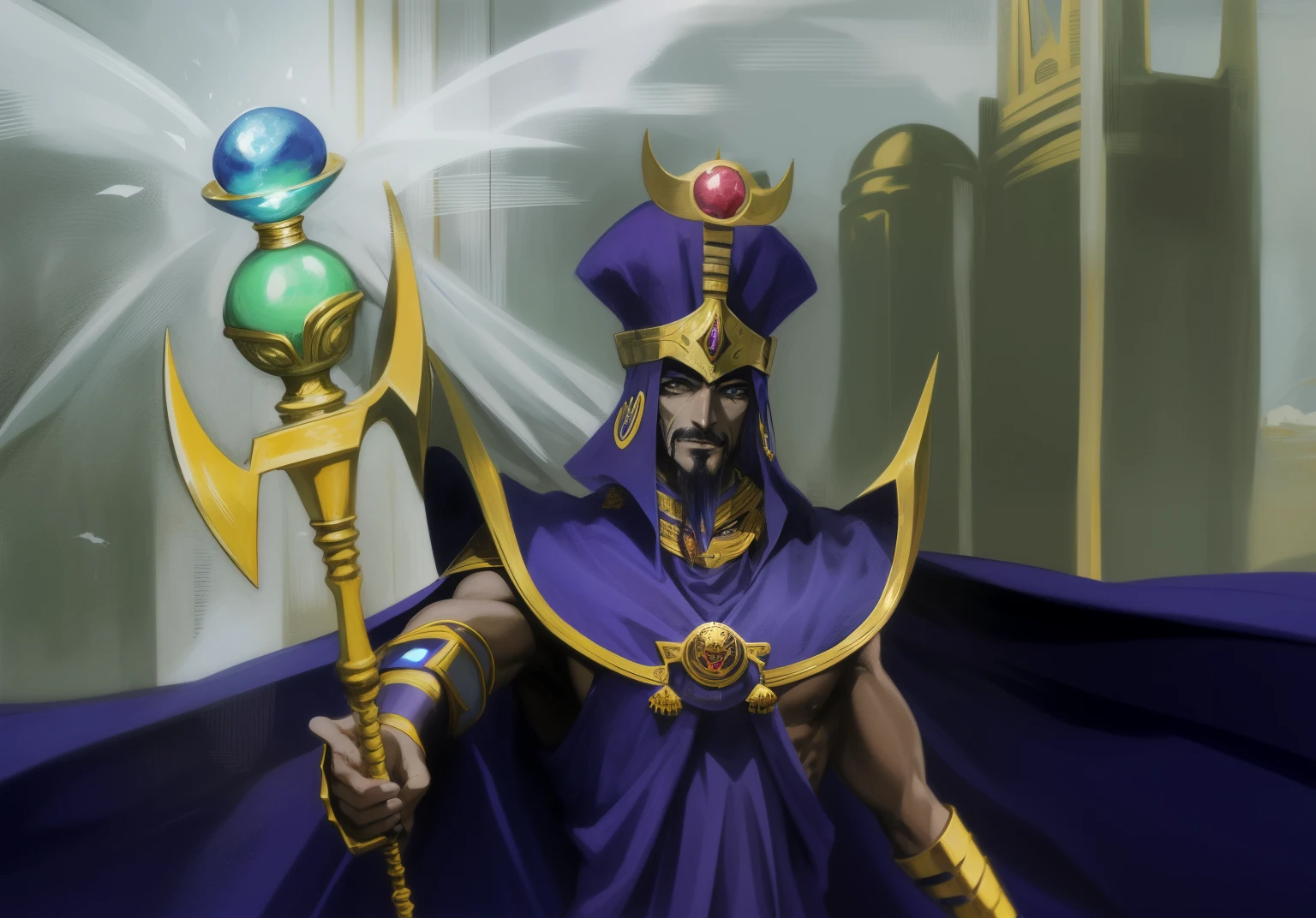 Hay una caricatura de un hombre vestido con un traje morado, cetro, an undead desert lich pharaoh, El dios emperador de la humanidad, THOTH, Retrato del emperador de la humanidad, Ancient Mystical Time Lord, Tormenta dios egipcio, Ozymandias, Emperador del universo conocido, sosteniendo un cetro, Egipto Dios, Ilustraciones de Yugioh, Platino estrella