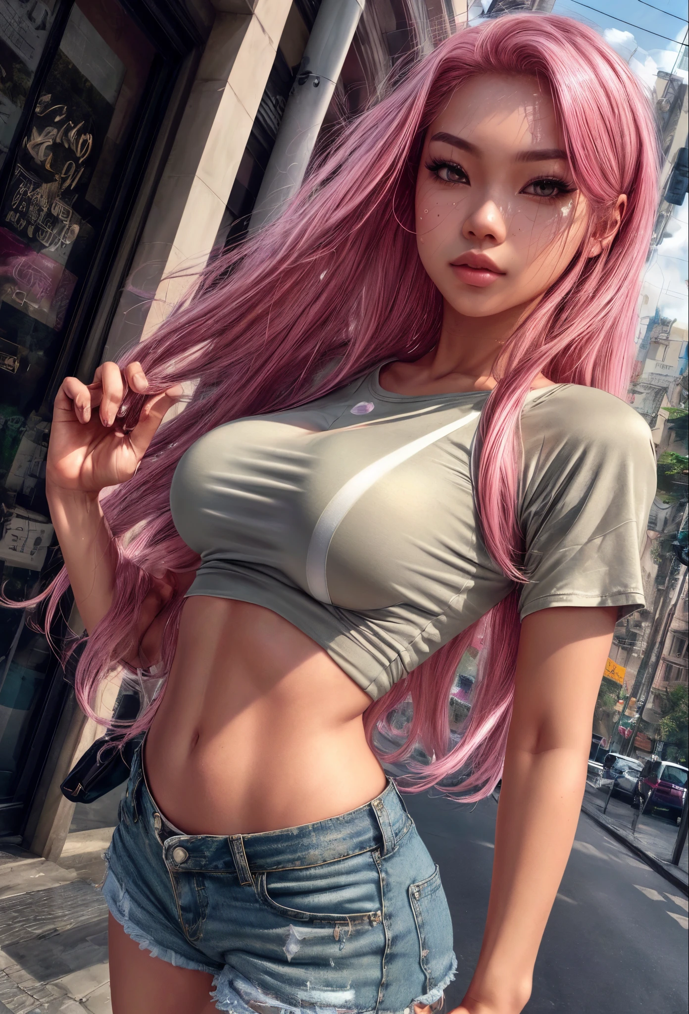 front view, 1 malay girl, (solo), adult, mature face, malay appearance, posing, pink hair, wave hair, shiny hair, detailed hair,(green eyes:0.9), beautiful_detailed_eyes, expressive,,medium breast, perfect body, strong body, skinny, 
dress in crop top, (oversized shirt:1.2),women's shorts, dress tug,
in the background city, ((4k, ultrarealistic, realistic, natural skin,studio quality,best quality,grainy,perfect artwork,precise line-art))