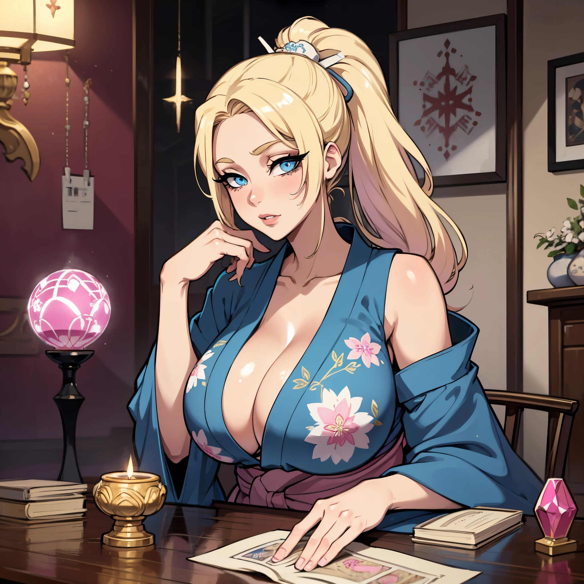 1 female with blonde ponytail, beautiful detailed eyes, blue eyes, wearing pink and white patterned kimono. Sitting at a table with Tarot cards and crystal ball, enormous boobs, large breasts, (CLEAVAGE), candles, loose open kimono