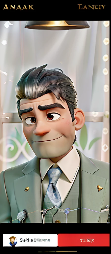 Man in suit, like Jack Skellington., Wears the Wizard's Silver Cloak, Nearby is a small round table with a golden candlestick and a window in the background.., burgundy curtains, Poses, Looking at the camera sideways, black  hair, Face without beard, thin face, In his hand is a dark umbrella called Xul, The sky, that appears in the window, Dark & Starry