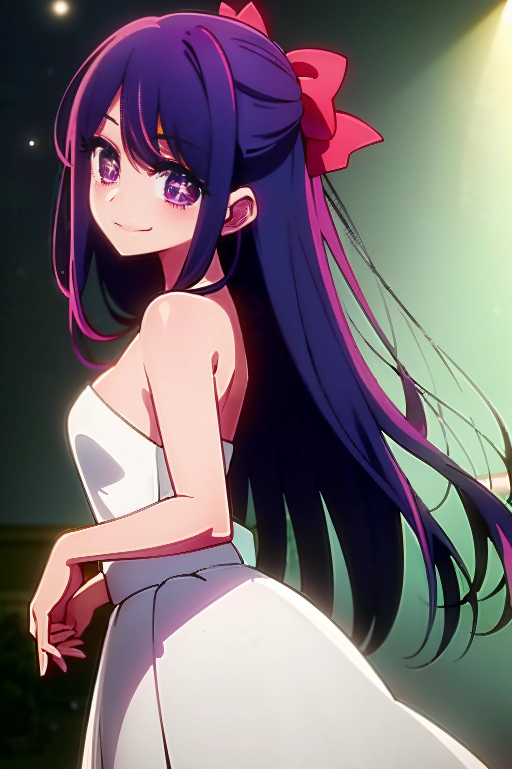 masterpiece、ighly detailed、(1 girl in:1.2)、purple color hair、strapless open shoulder dress、big eye、a closeup、Naughty smile、8K 、Ai Hoshino、Live performance venue、Star Eyes