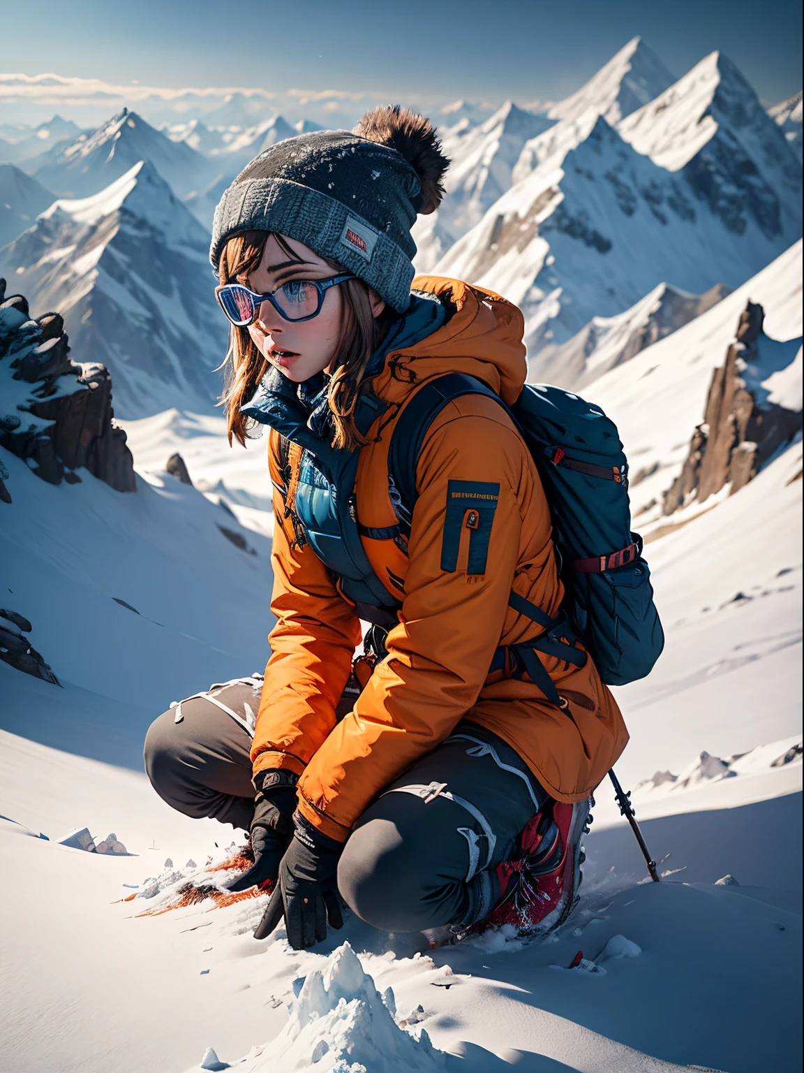 Jodie Comer wearing snow goggles, scrambling uon all fours up a very exposed ridge in the Himalayas, arduous climb, barren mountainside, misty, storm clouds, knee deep snow, dramatic lighting, lens flare, blue shadows, spindrift, wearing orange padded goretex jacket, bulky waterproof trousers, snow goggles, beanie, gaiters and Grivel crampons, rucksack, ice axe, rope attached to belt, lines of prayer flags in distance