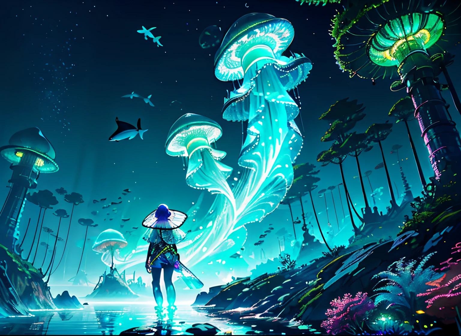 Masterpiece, hiquality, ocean forest, City, Fantastic Fantasy, glowing plants, Coral Viaduct, (Swarm of glowing jellyfish), (School of fish with flying transparent wings ), colorful fish,foggy, Extreme detailing, morning light, epic composition, (intricate detials), (intricate design, ultra detail: 1.2), Art Station, (Masterpiece, Best Quality), Ultra HD, 12) ,under water, 1 girl, futuristic diving suit, Extension image, focus on the landscape,, acrylic palette knife, 4k, bright colours, devinart, Trending on ArtStation,Octane Render, bioluminic,concept art in 8K resolution, Realism,by Mappa studios,Masterpiece,Best Quality,official arts,illustartion,clear line,(Cool_Color),Perfect composition,absurdress, Fantasy, Extension image, Octane Render, bioluminic