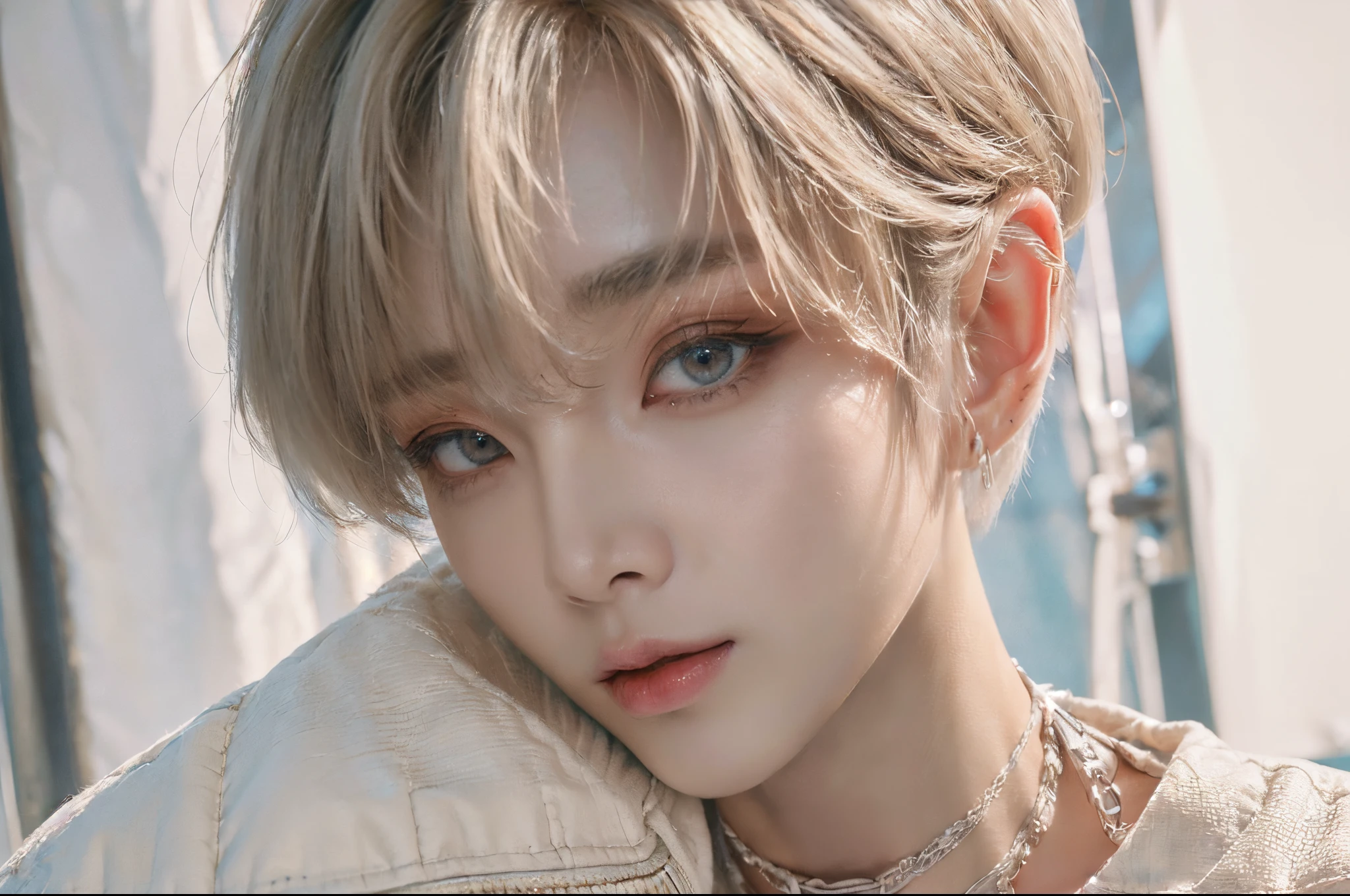 ((4K works))、masterpiece、(top-quality)、((high-level image quality))、((One Manly Boy))、Slim body、((Attractive and sexy jeans fashion))、((Men's Fashion))、(Detailed beautiful eyes)、In a soundproof room、Record a song、Face similar to Chaewon in Ruseraphim、((short hair above the ears))、((Smaller face))、((Neutral face))、((White hair))、((Brown eyes))、((Korean boy))、((18year old))、((Handsome man))、((sings))、((Korean Makeup))、((elongated and sharp eyes))、((Like a celebrity))、Everyday photography、((Shot alone))、((Shot diagonally from the side))、((Upper body photography))、((Artist Photos))、((Model photo))