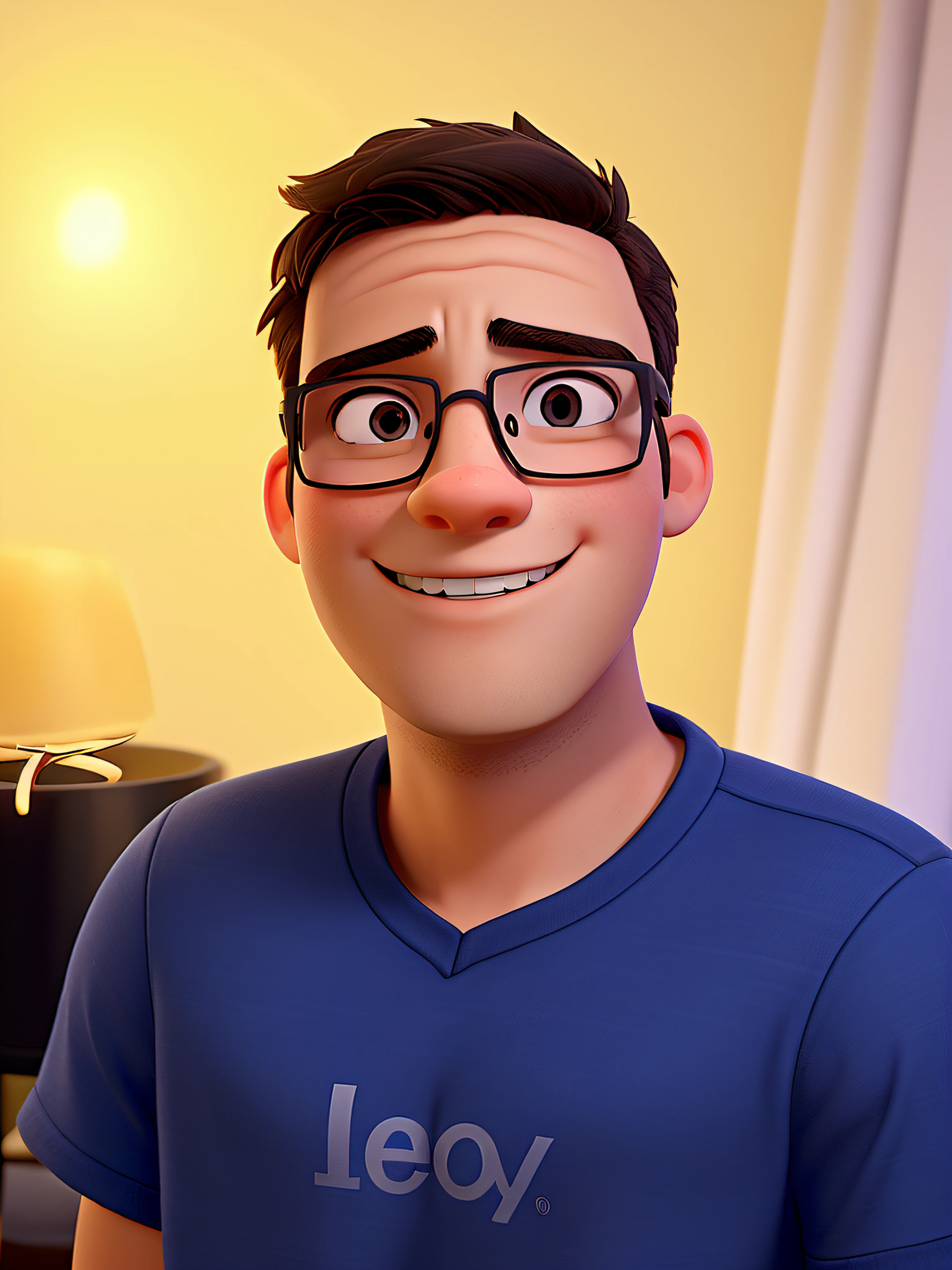 a young man, illuminated by the light of a lamp, based on a Disney pixar post, with nerd glasses, no beard and black eyes.