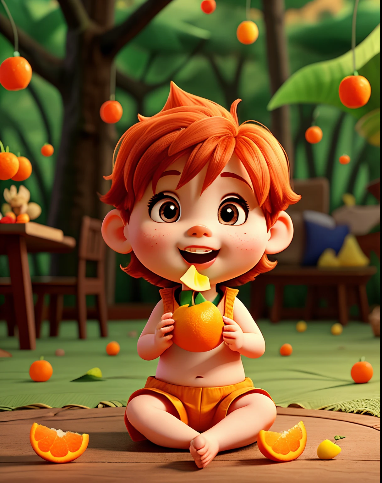 with orange slice in mouth, with several fruits in front, sitting on the floor, adding to a forest background
