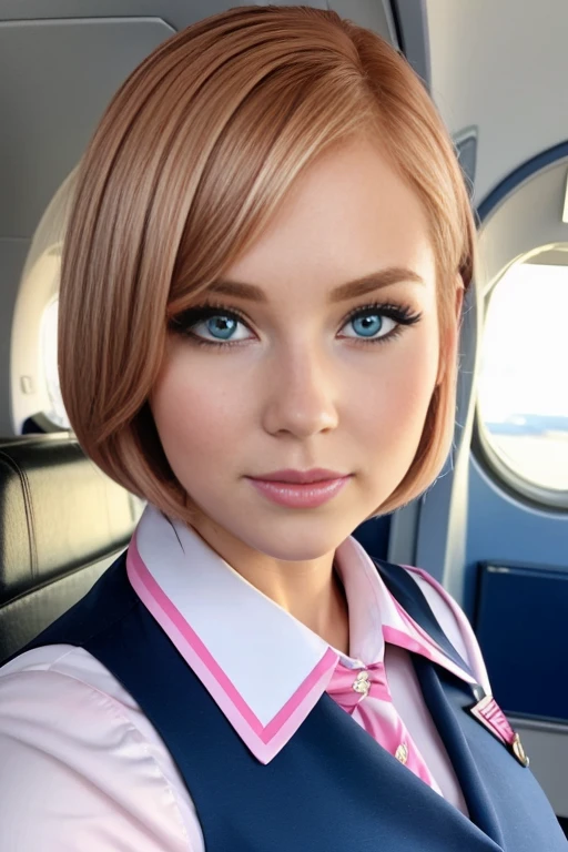 Petite 30 year old flight attendant with light strawberryblonde hair in a short undercut bob and striking blue eyes wearing eye liner, pink lips, in a uniform, detailed face