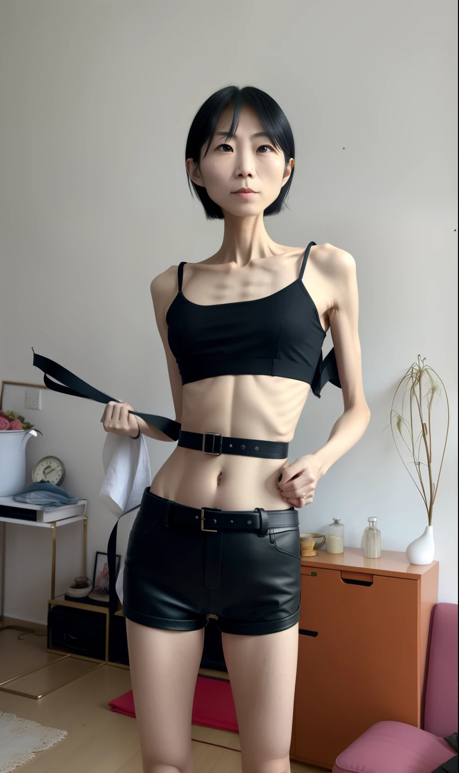 Very thin woman，A thin body，Protruding sternum，The waist is very thin，The ribs are noticeable，Protruding ribs，The pelvic protrusion is very obvious，The pelvis is markedly elevated，Legs are just skin and bones，White skin of the，thin shoulde，The waist is very thin，Sunken abdomen，Delicate arms，hunger，The lower abdomen is depressed，Short hair details，Wear tight leather pants，Asia face，The waist is particularly thin，Cross your hands at your waist，angry look，weeping，Excessive weight loss，The face is sunken and thin，Severe malnutrition，hunger，Belt can tighten the waist