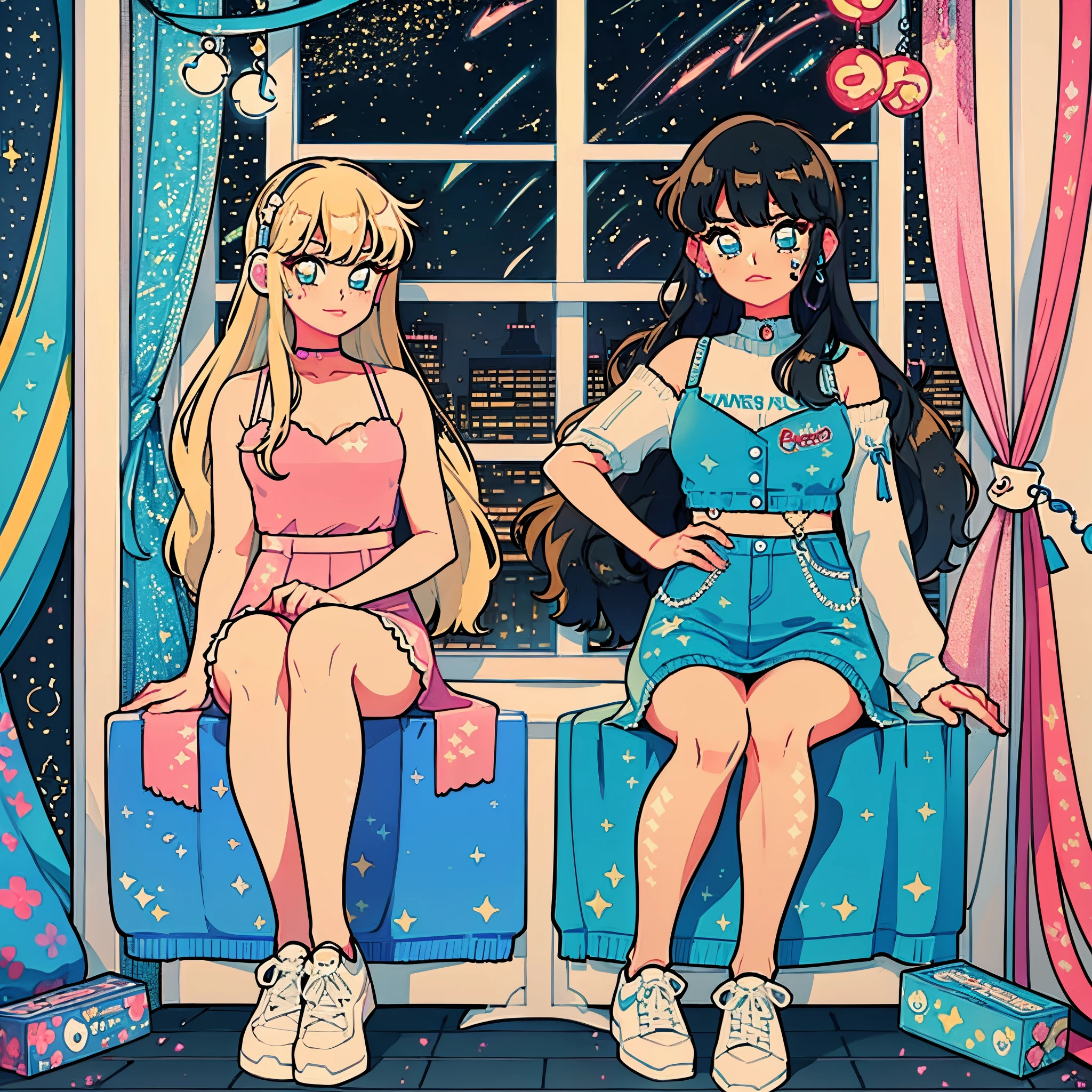 (masterpiece), best quality, expressive eyes, (perfect detailed face), ((gyaru)), neon pastel aesthetic, retro 90's, neon colors, (1 girl sitting on chair), (in a cozy room), record discs hung up on her wall, comic books on the floor, window behind her on-looking onto night city, decorated room, anime figurines on shelves, wearing headphones, (sparkles around her), (wearing chunky colorful sneakers), (blue eyes), (soft expression), sparkles all around her, retro aesthetic