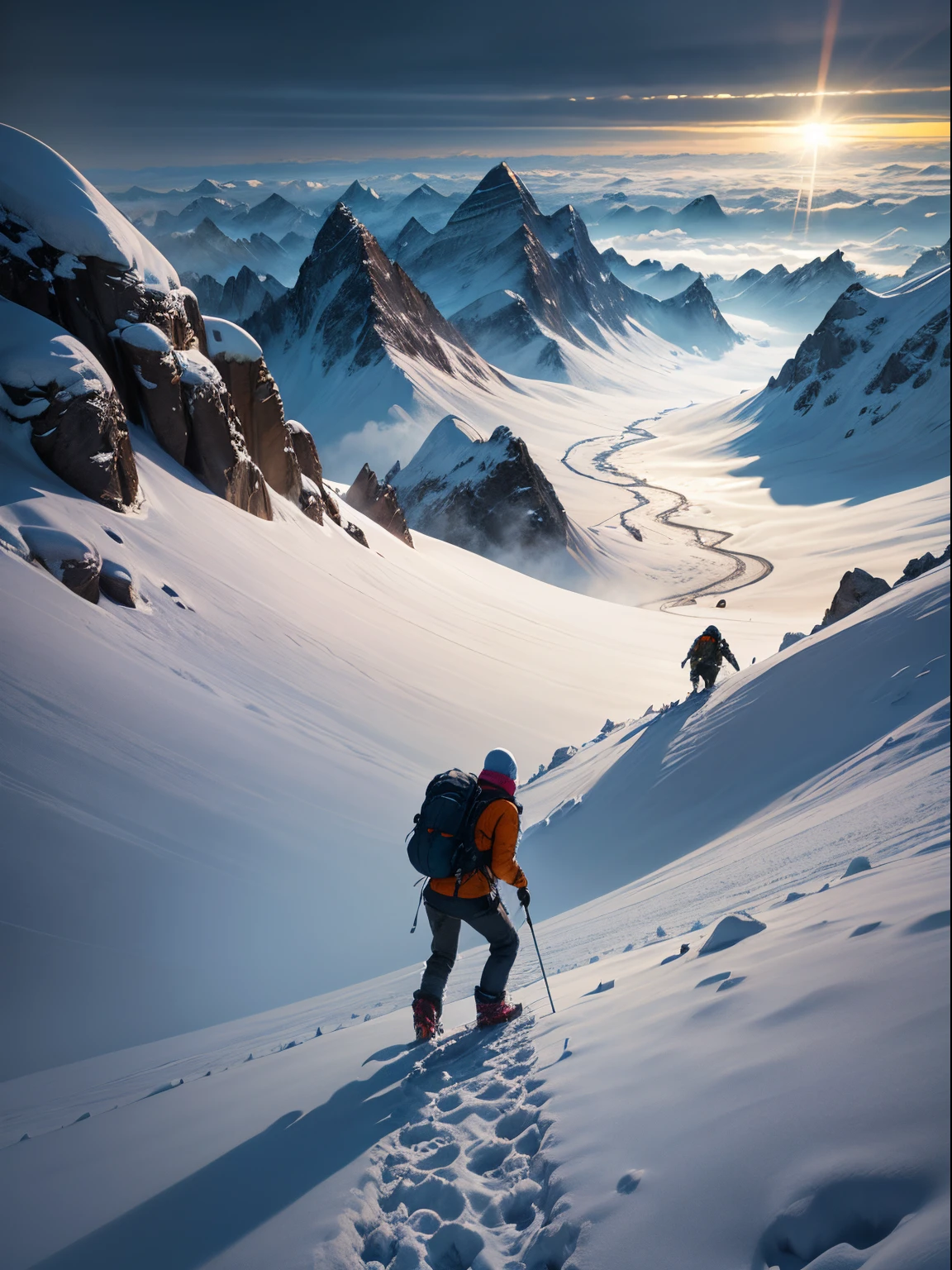 Jodie Comer wearing snow goggles, scrambling on hands and knees up a very exposed ridge in the Himalayas, arduous climb, barren mountainside, misty, storm clouds, knee deep snow, dramatic lighting, lens flare, blue shadows, spindrift, wearing orange padded goretex jacket, bulky waterproof trousers, snow goggles, beanie, gaiters and Grivel crampons, rucksack, ice axe, rope attached to belt, lines of prayer flags in distance