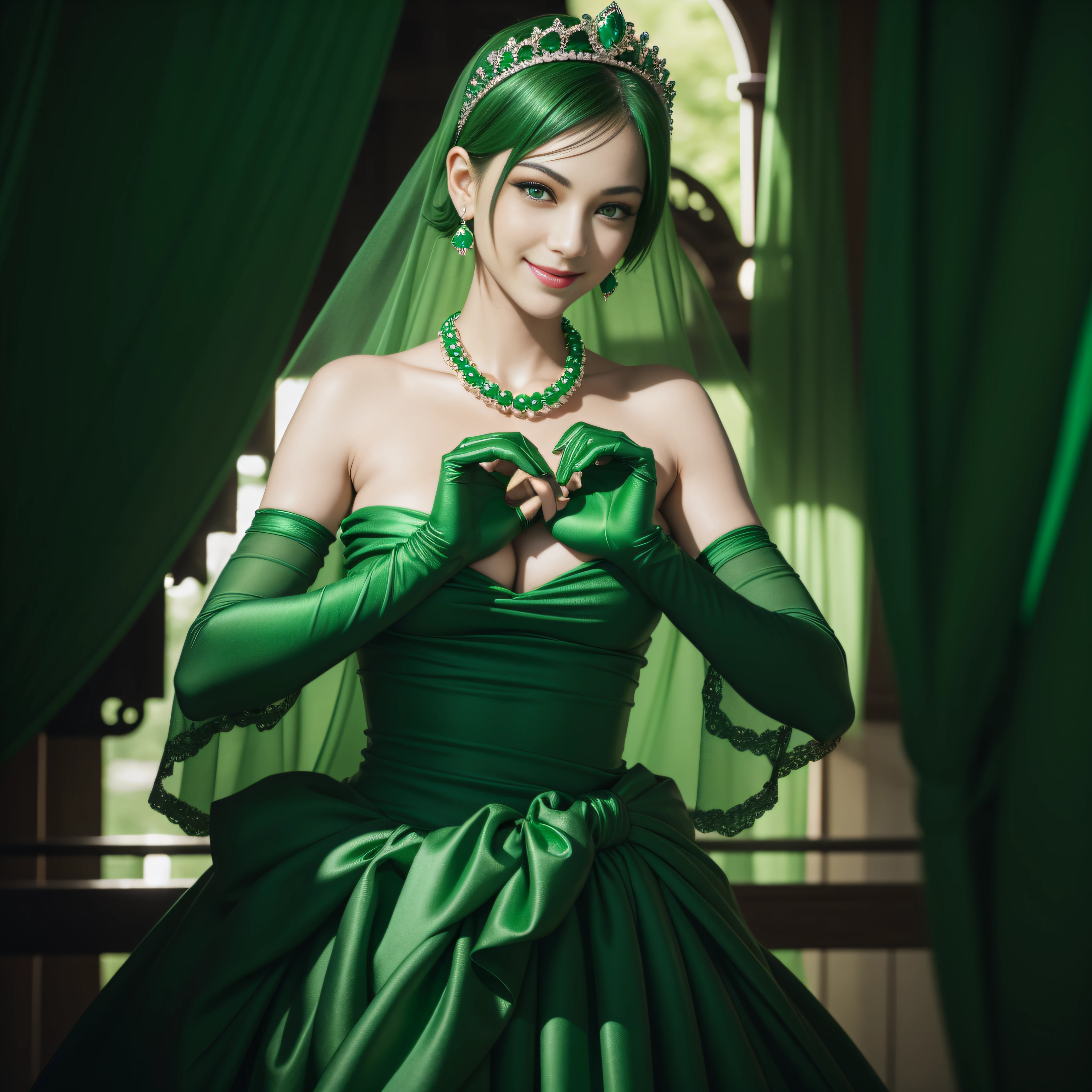 emerald tiara, Green Pearl Necklace, Boyish very short green hair, lipsticks, Japan woman smiling, very short short hair, big breasts beautiful, Green eyes, Long green gloves made of satin material, Green eyes, Emerald Earrings