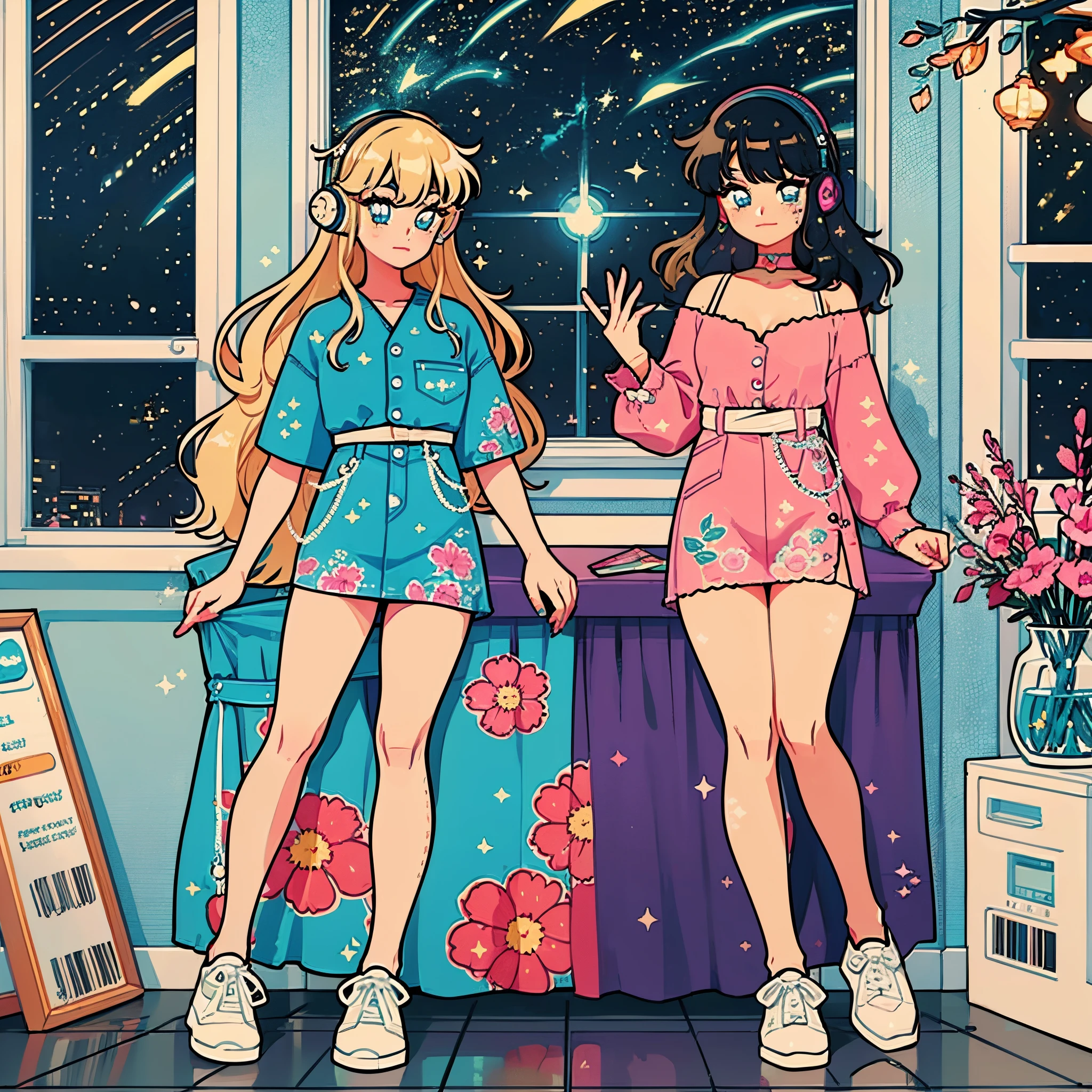 (masterpiece), best quality, expressive eyes, (perfect detailed face), ((gyaru)), neon pastel aesthetic, retro 90's, neon colors, (1 girl sitting on chair), (in a cozy room), record discs hung up on her wall, comic books on the floor, window behind her on-looking onto night city, decorated room, anime figurines on shelves, wearing headphones, (sparkles around her), (wearing chunky colorful sneakers), (blue eyes), (soft expression), sparkles all around her, retro aesthetic