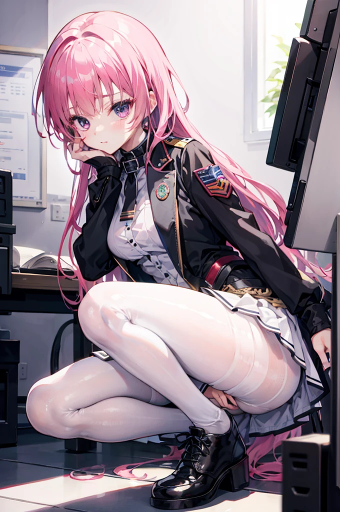 mitsukasa ayas，army suit，Manteau，White color blouse，short  skirt，black pantyhoses，black military boots，mitts，A sexy pose，Inside the command room