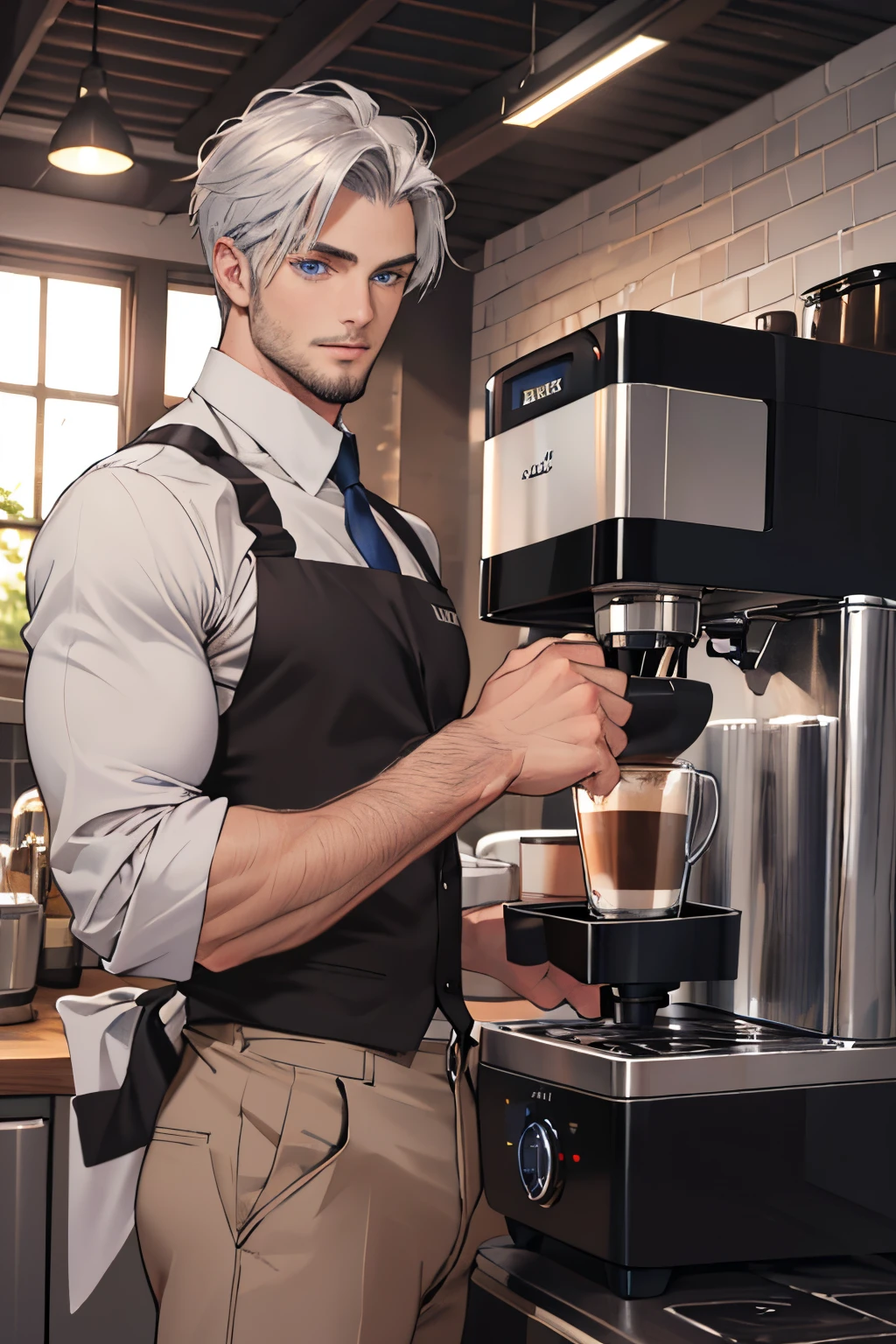 realistic, (best quality, masterpiece:1.3),  finely detailed eyes and detailed face, coffee machine, kitchen, solo mature male, tall muscular guy, silver hair, blue eyes, silver facial hair,