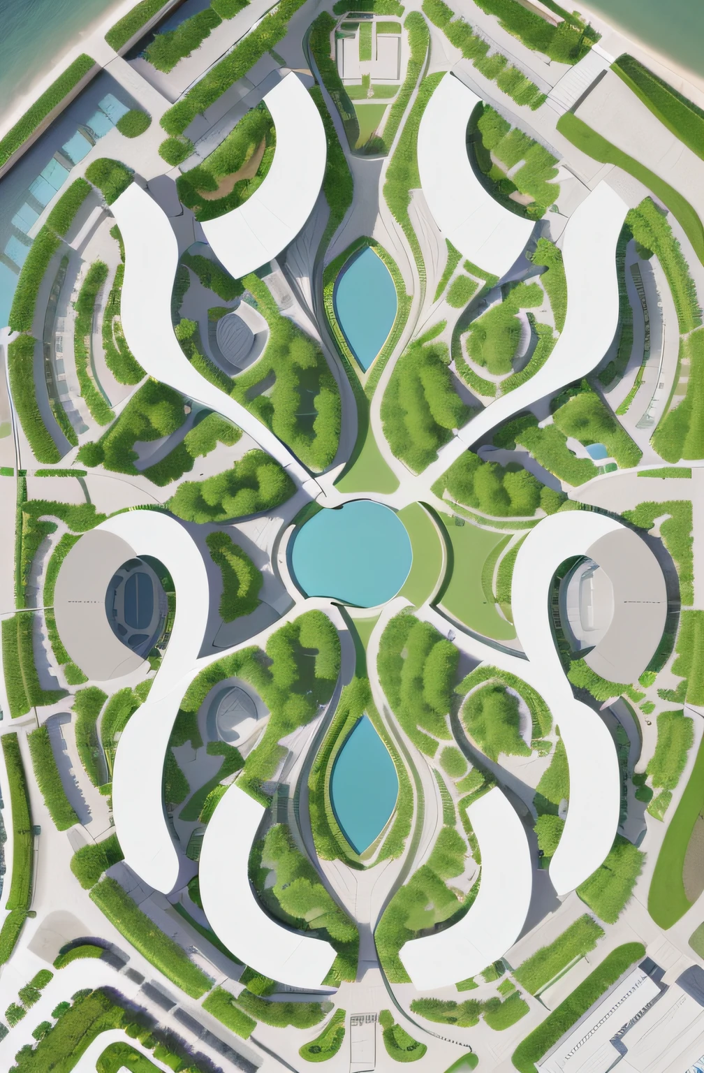 Site plan of a ((coastal urban park)), high density, Zaha Hadid architecture, ((top view)), natural light, mir render, masterpiece, high-quality, outdoor.