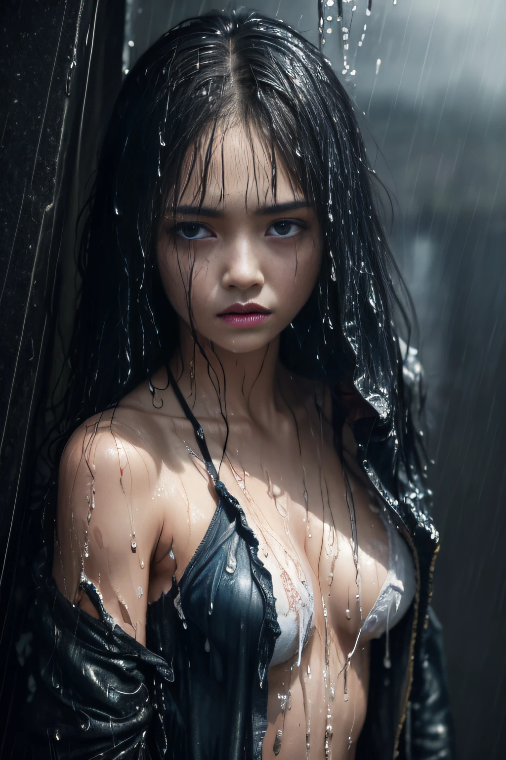 Best picture quality, masterpiece, ultra high resolution, (fidelity :1.4), photo, 1 girl,[(sadness)],swimsuit, Dim, dark, desperate, pitying, pitiful, cinematic,tear,teardrop,(Torn clothes:1.5), (Wet clothes:1.4), bare shoulders,Real rain,wet hair,..