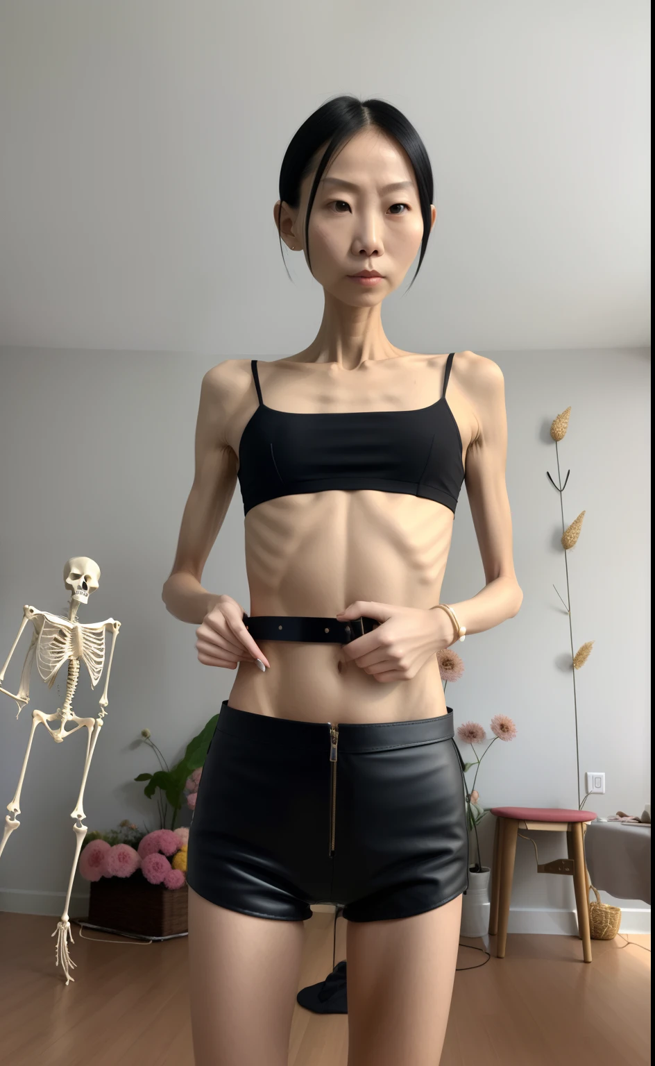 very thin woman，A thin body，Protruding sternum，The waist is very thin，The ribs are noticeable，Protruding ribs，The pelvic protrusion is very obvious，The pelvis is markedly elevated，Legs are just skin and bones，Fair skin，thin shoulde，The waist is very thin，Sunken abdomen，Delicate arms，hunger，sunken lower abdomen，Short hair details，Wear tight leather pants，Asia face，The waist is particularly thin，Cross your hands at your waist，angry look，weeping，Excessive weight loss，The face is sunken and thin，Severe malnutrition，hunger，Belt tightens the abdomen