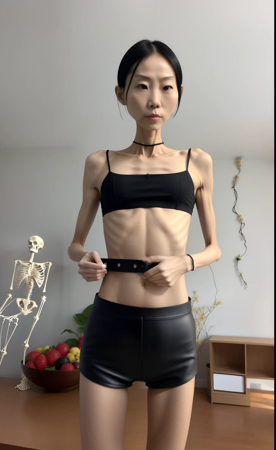 very thin woman,A thin body,Protruding sternum,The waist is very thin,The ribs are noticeable,Protruding ribs,The pelvic protrusion is very obvious,The pelvis is markedly elevated,Legs are just skin and bones,Fair skin,thin shoulde,The waist is very thin,Sunken abdomen,Delicate arms,hunger,sunken lower abdomen,Short hair details,Wear tight leather pants,Asia face,The waist is particularly thin,Cross your hands at your waist,angry look,weeping,Excessive weight loss,The face is sunken and thin,Severe malnutrition,hunger,Belt tightens the abdomen