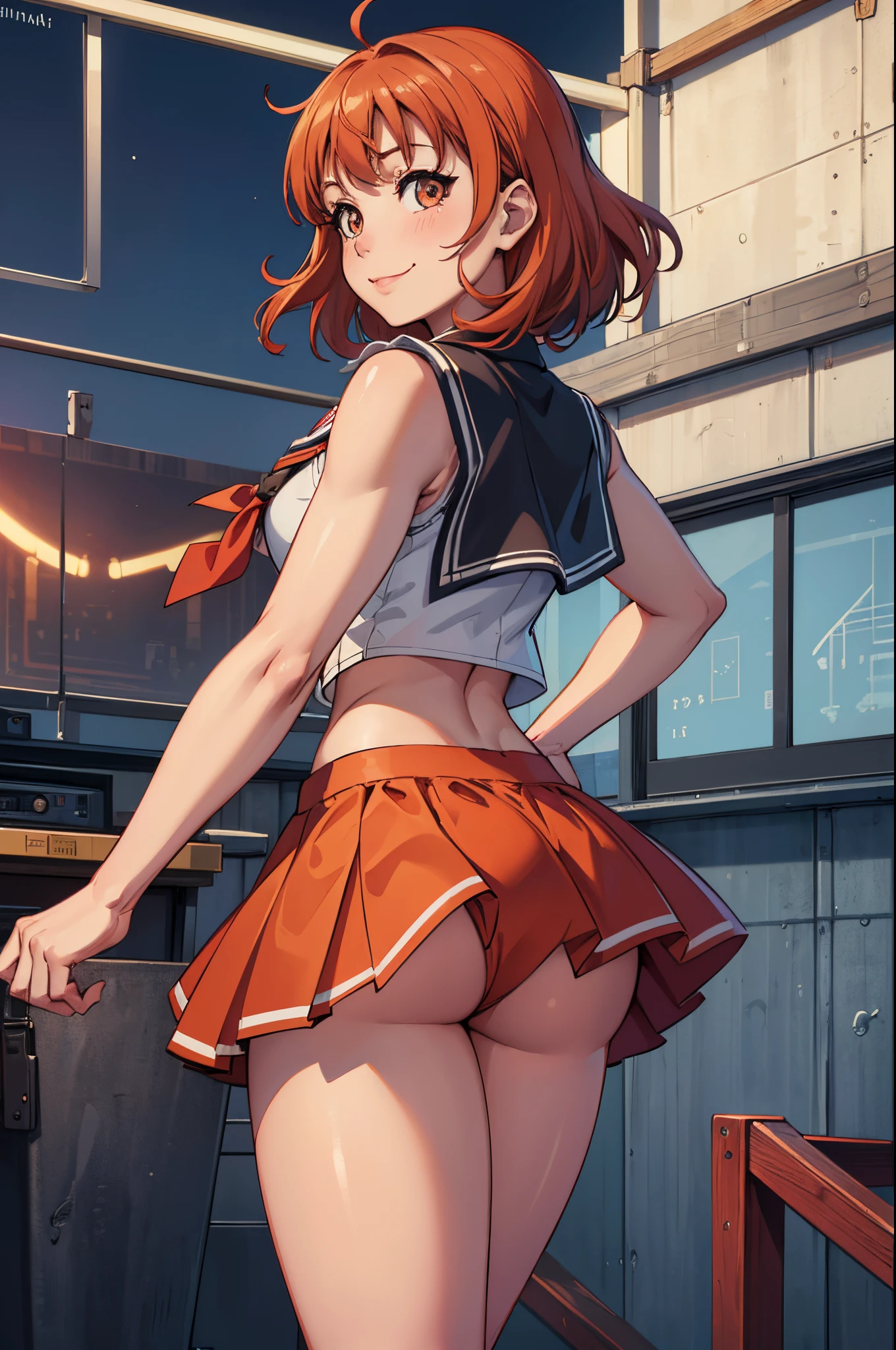 (best quality,4k,8k,highres,masterpiece:1.2), ultra-detailed, from behind,takami chika, sailor top, school skirt, midriff, slightly excited and smile, sleeveless, thighs, cowboy shot