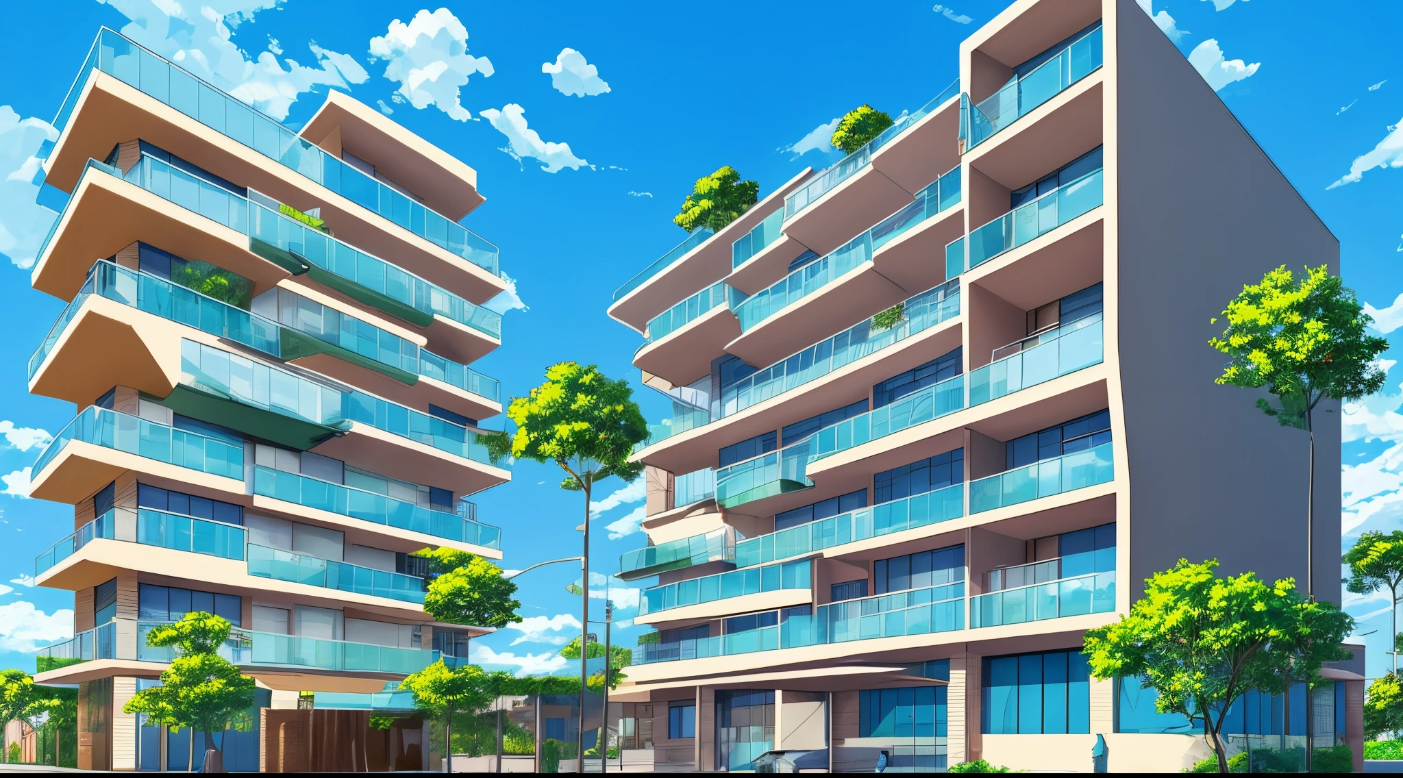 EDIFICIO DETALLADO COLOR EN 2D ESTILO ANIME, Estructura detallada, coloreado 2d anime, cielo azul, escenario de dia, personas caminando cerca de un edificio, estilo anime 2d. estructura detallada.