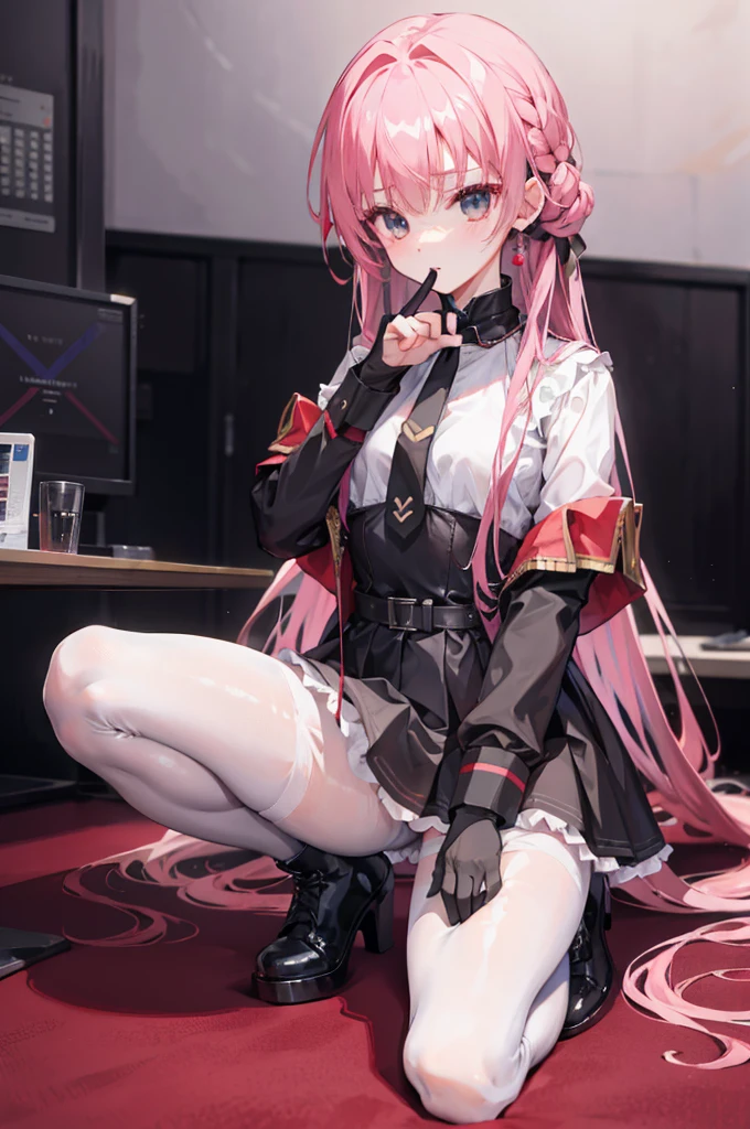 Guang Ling，army suit，Manteau，White color blouse，short  skirt，black pantyhoses，black military boots，mitts，A sexy pose，Inside the command room