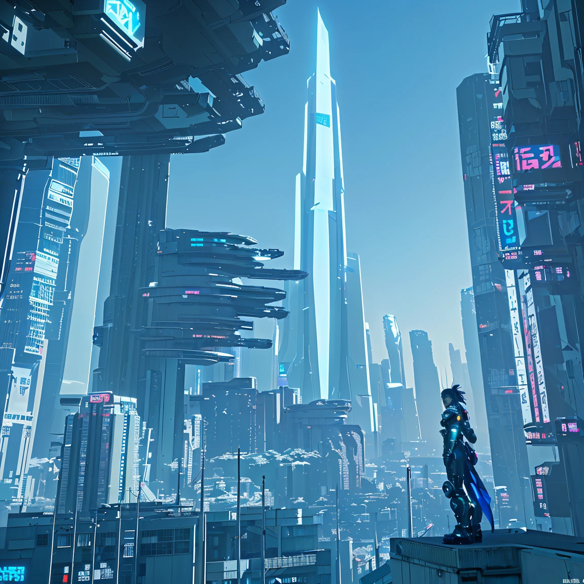 8k, ultra hd, background type, cyberpunk anime, white buildings, white towers, fantasy, 3d, white cybernetic dragons in background, landscape