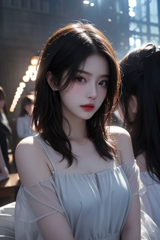 top-quality、​masterpiece、超A high resolution、(Photorealsitic:1.5)、Raw foto、1girl in、off shoulders、murky、deep-shadows、Unobtrusive、cold light、sexy appearance、shorth hair、thin lipss