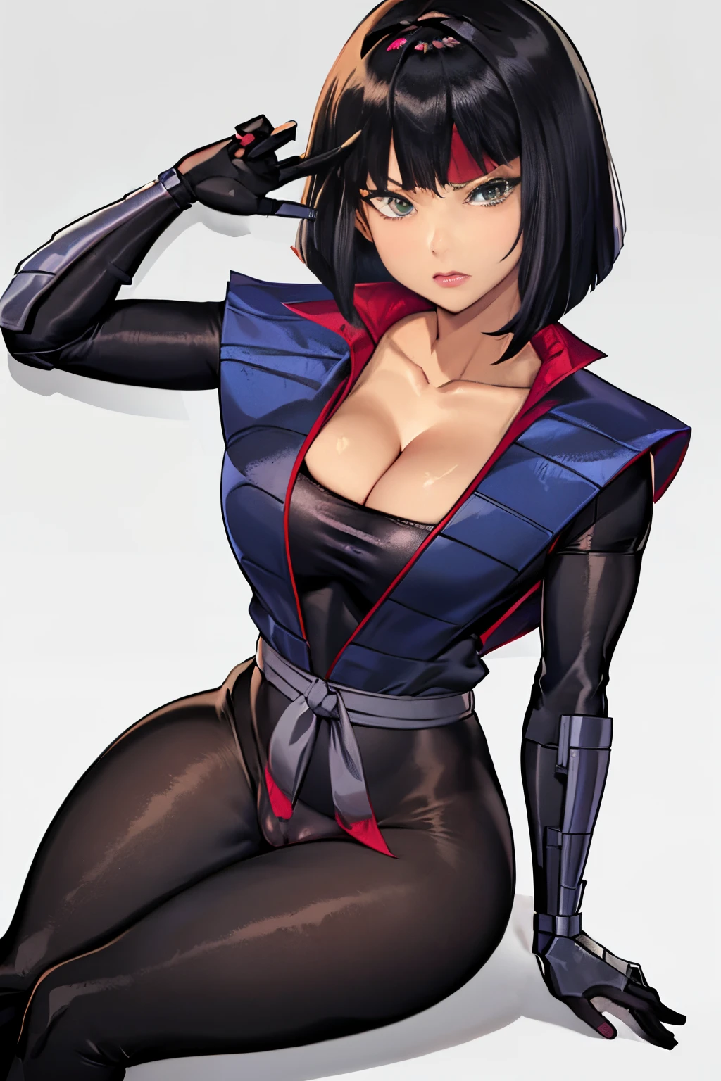 War, 1girl, 独奏, 가슴, Short hair, large breasts, black hair, red headband, cleavage, ninja, makeup, cameltoe, Hands Behind Your Back, bob cut, lipstick, 2000s style