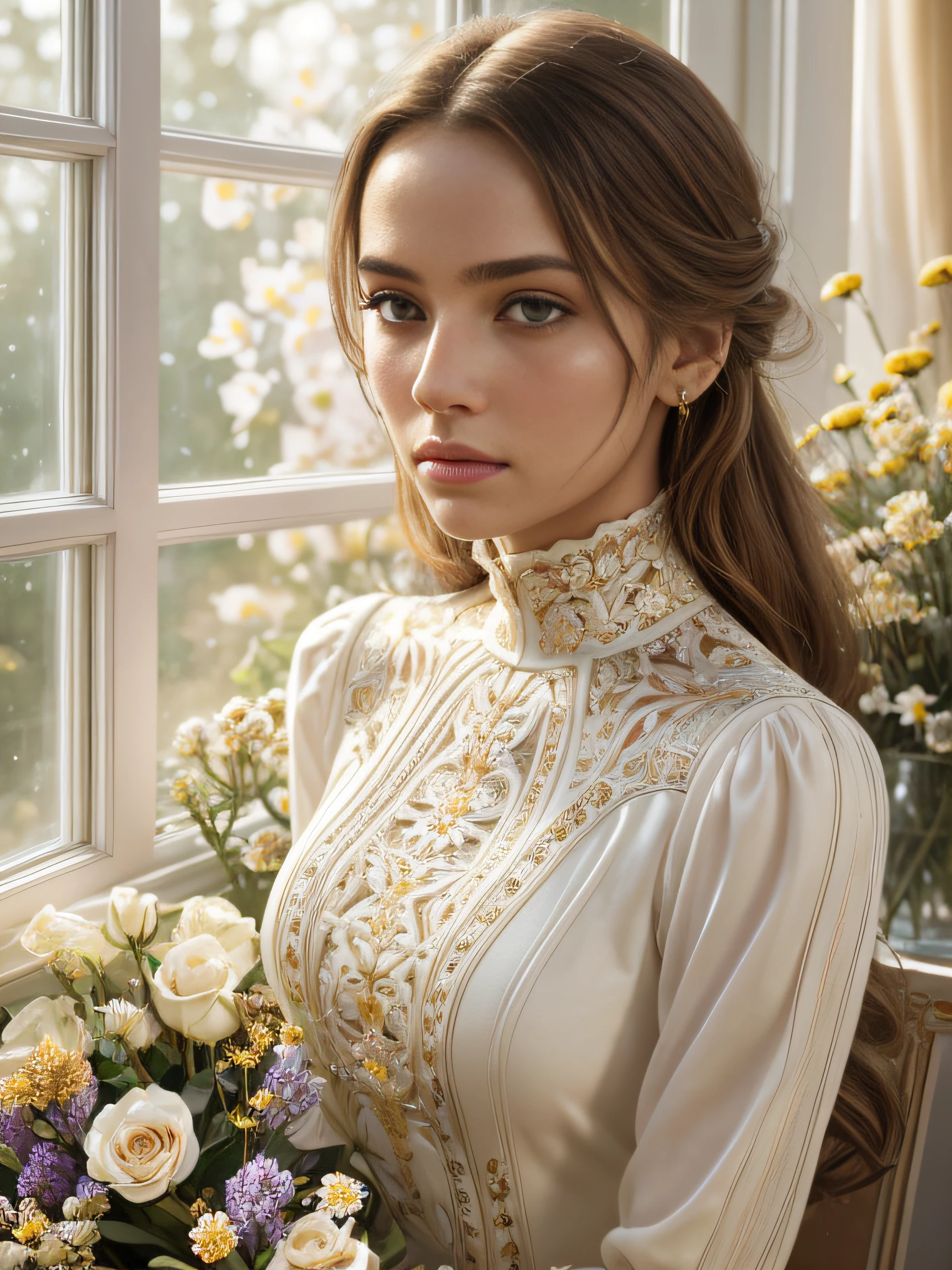 SShamedPortrait of a woman weared long-sleeve high neck dress near the window, (many flowers:1.2), soft light, golden hour, upper body, hdr, 4k textures, natural skin texture, skin pores, intricate, highly detailed, sharp focus, insane details, intricate details, hyperdetailed, hyperrealistic, by Lillian Bassman