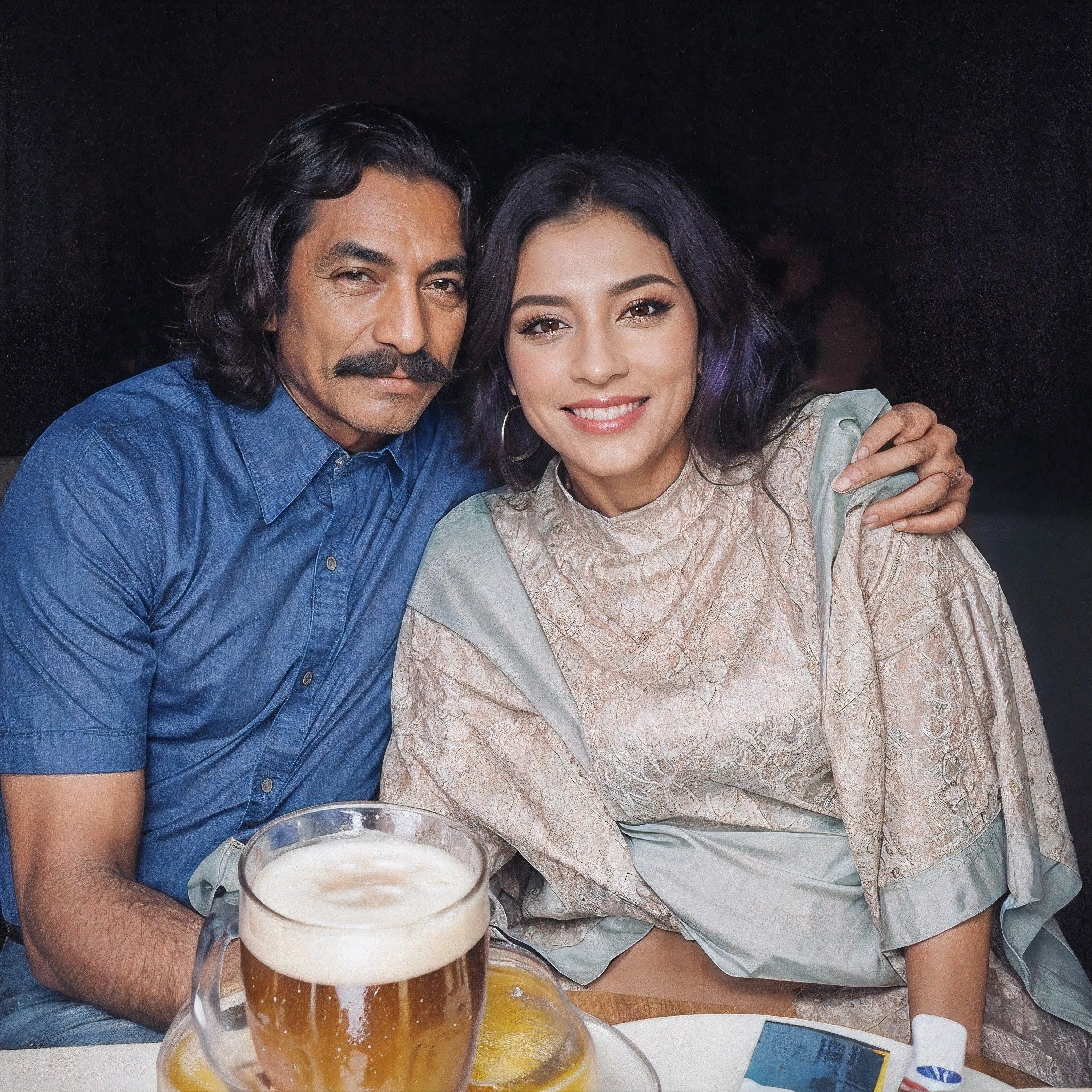 There is a man and a woman sitting at the table with a beer, momma and papa, homem de cabelo preto encaracolado comprido com bigode preto, camisa azul de manga curta, pele escura, mulher de cabelo preto encaracolado, pele negra, sorriso, olhos castanhos, com um vestido de tecido verde, branco e roxo de manga curta