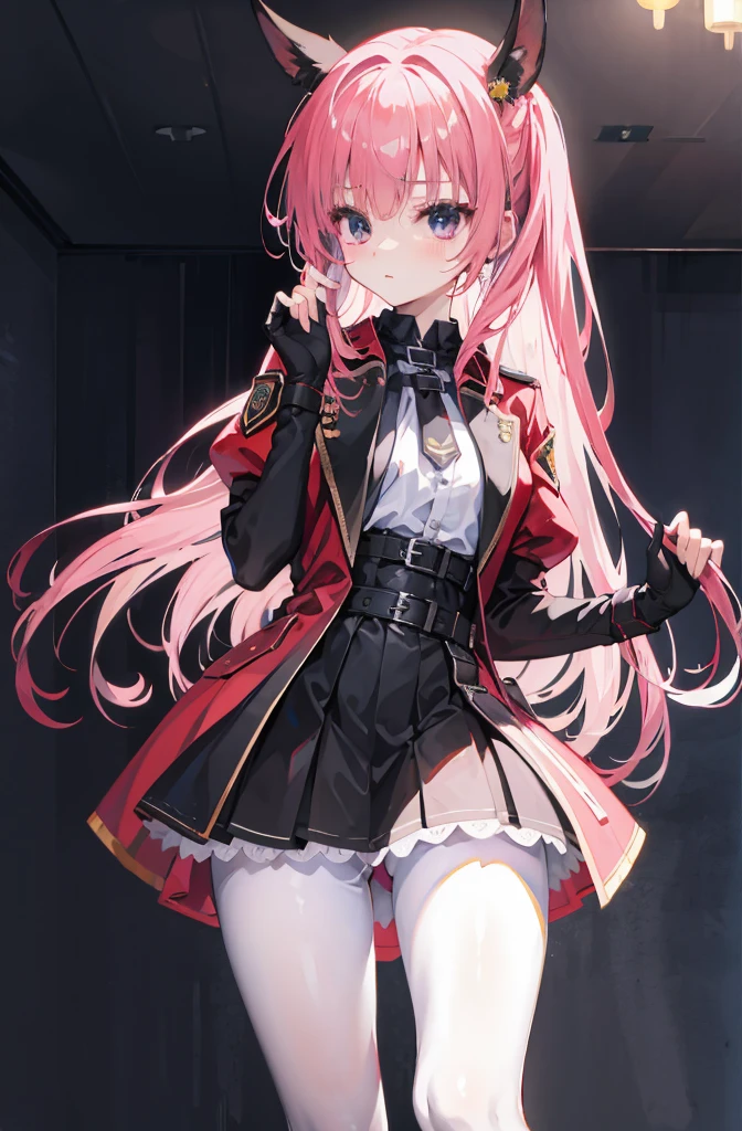 mitsukasa ayas,Purple eye,Pink Long Hair,army suit,Manteau,short skirt,black pantyhoses,black military boots,mitts,A sexy pose