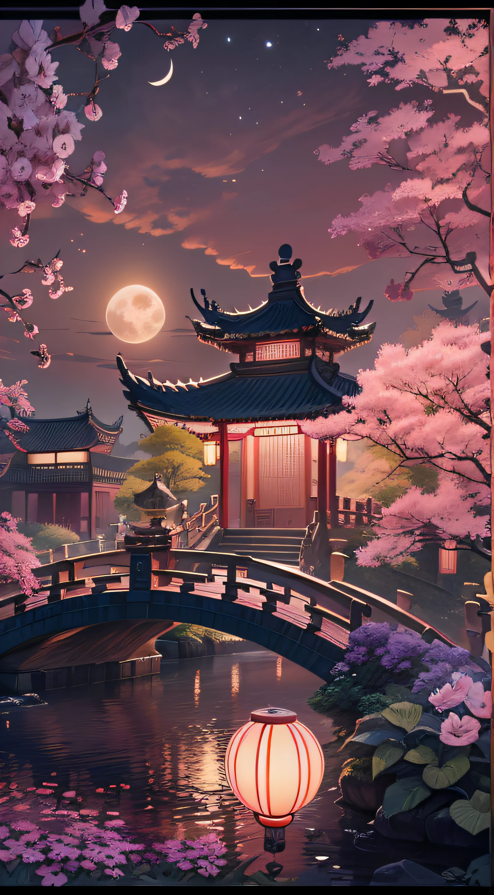 the night,Pink moon,Suzhou Garden,lanthanum,Kong Ming Lantern,1 arch bridge,Paper engraving x1.5,Tilt-Shift,Cloud x1.3,Osmanthus x1.2,Soft lighting,Oriental elements,Dreamy,Pastel colors,Bright colors,Traditional Chinese color scheme,Reasonable design,Clear lines,High Sharpness,Best Quality,Very detailed,masutepiece,offcial art,Movie Light Effects,4K