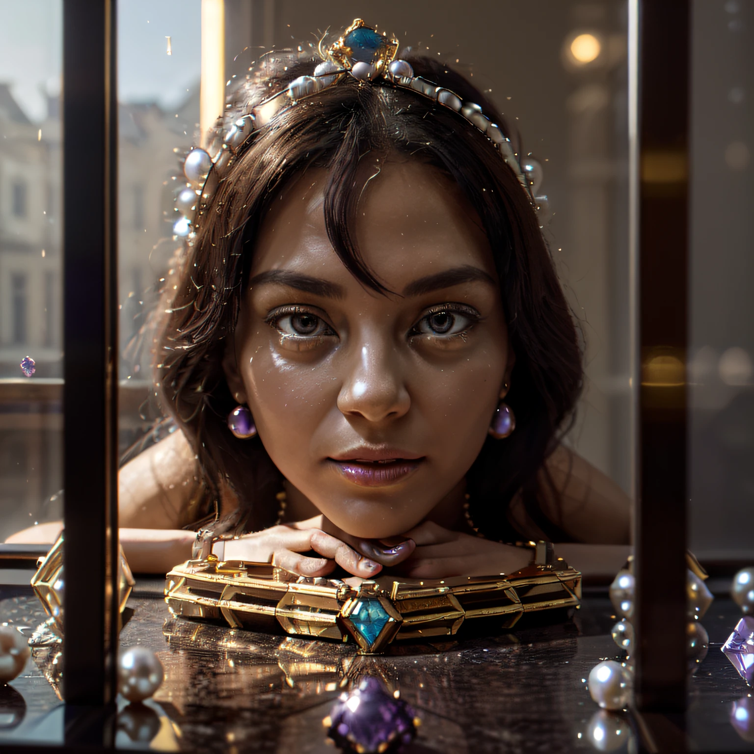 in the style of futurism，(Full Focus:2),(Everything is laid out in the window:1.3)，(pearls|Hisui|jade|amethyst|Sapphires|Jewelry made of gold|Silverware|Purple gold|Magic jewelry|antiquarian|The Red Jewel|diamond|Topaz|:1.3)，Magic symbols，The effect of magic light particles，High-tech luxury， Expensive jewelry,，Expensive metals，Luxuries，Puzzles are forbidden, Detailed and complex background, sparkly, reflection light, Гипер HD, Award-winning, hight resolution, high detail, chiaroscuro, Cinematic lighting, Masterpiece, ray traced，Structurally correct, super detaill, hiquality, High Details, Best Quality, 16k