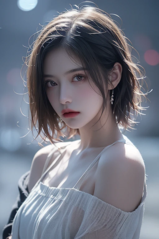 top-quality、​masterpiece、超A high resolution、(Photorealsitic:1.5)、Raw foto、1girl in、off shoulders、murky、deep-shadows、Unobtrusive、cold light、sexy appearance、shorth hair,　(thin lipss:1.2)