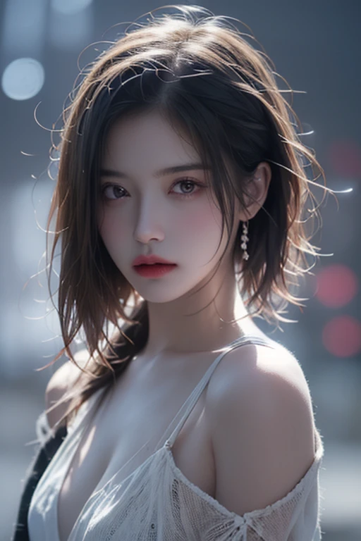 top-quality、masterpiece、超A high resolution、(Photorealsitic:1.5)、Raw foto、1girl in、off shoulders、murky、deep-shadows、Unobtrusive、cold light、sexy appearance、shorth hair, (thin lipss:1.2)